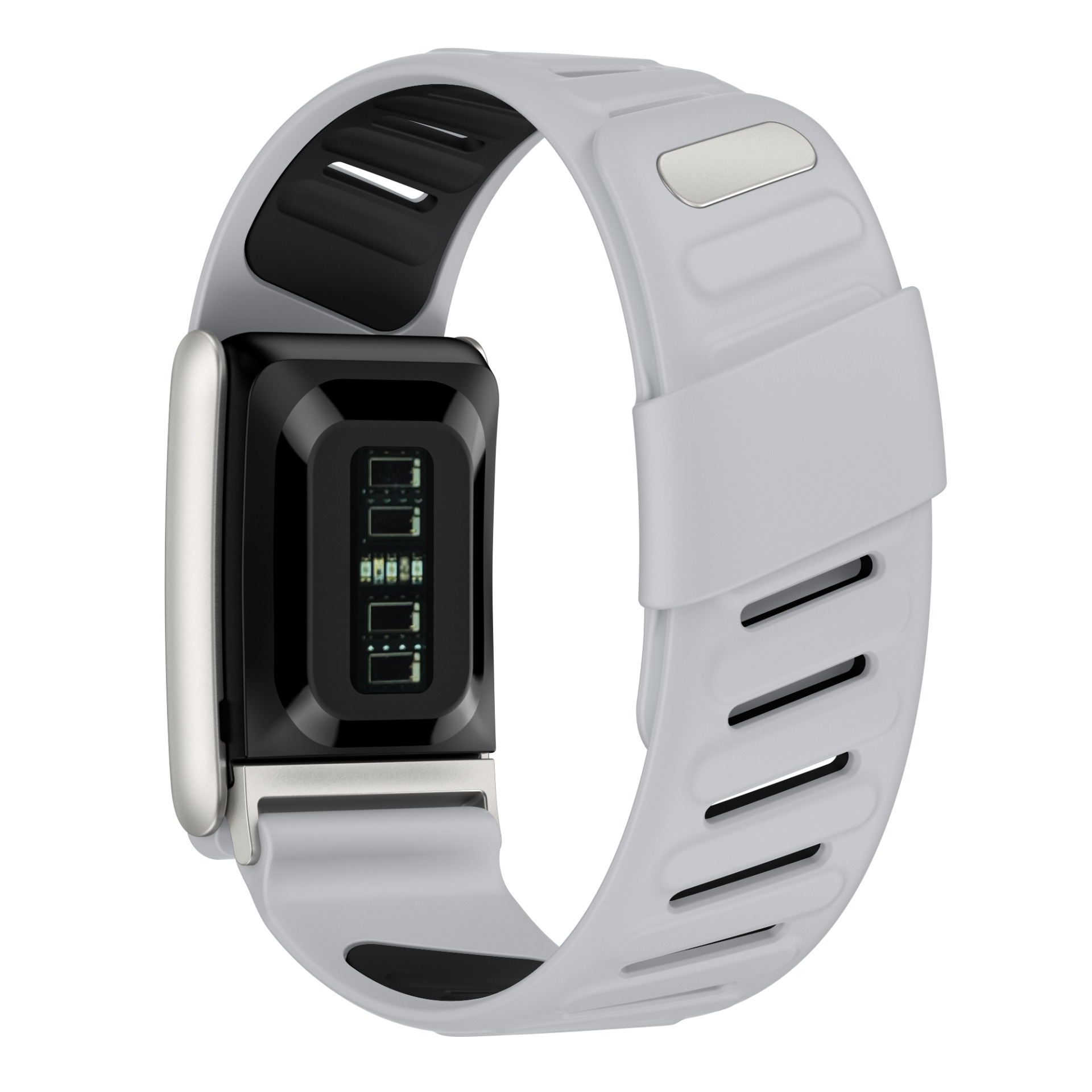 Ein graues Smartwatch-Armband mit einem schwarzen Bildschirm. Das Armband hat ein geschwungenes Design mit silbernem Akzent.