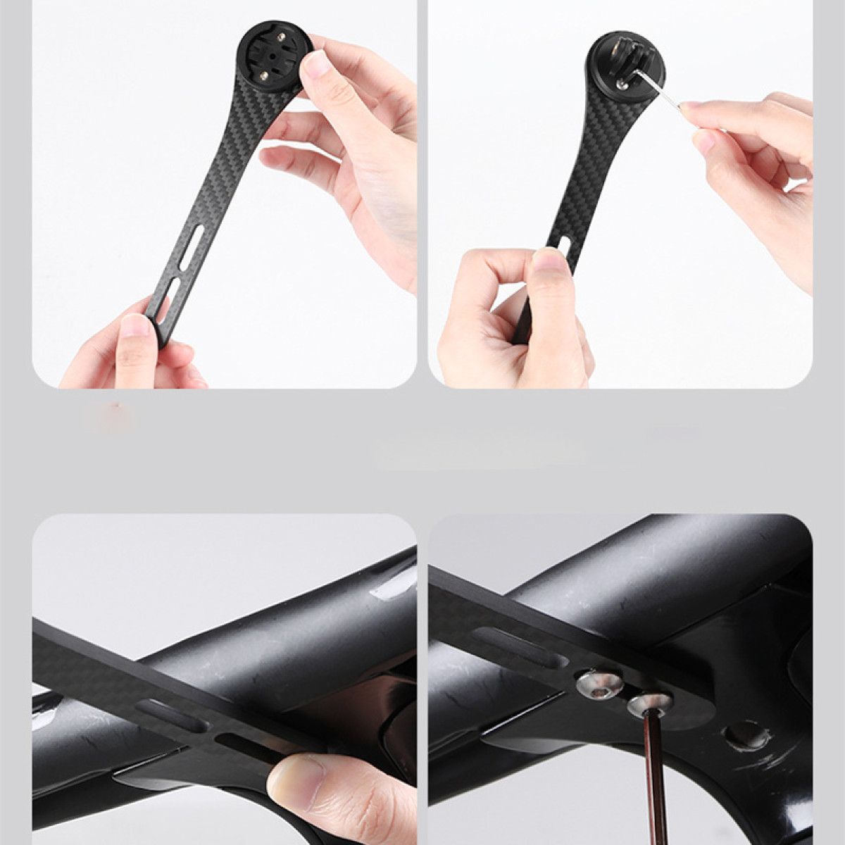 Ręce instalują uchwyt na komputer rowerowy na kierownicy. Obecne są również narzędzia i akcesoria.