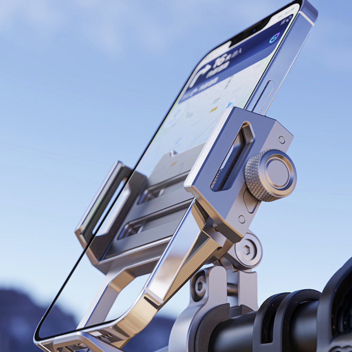 Srebrny uchwyt na telefon zamontowany na czarnej kierownicy. Telefon jest w uchwycie, wyświetlając mapę pod błękitnym niebem.
