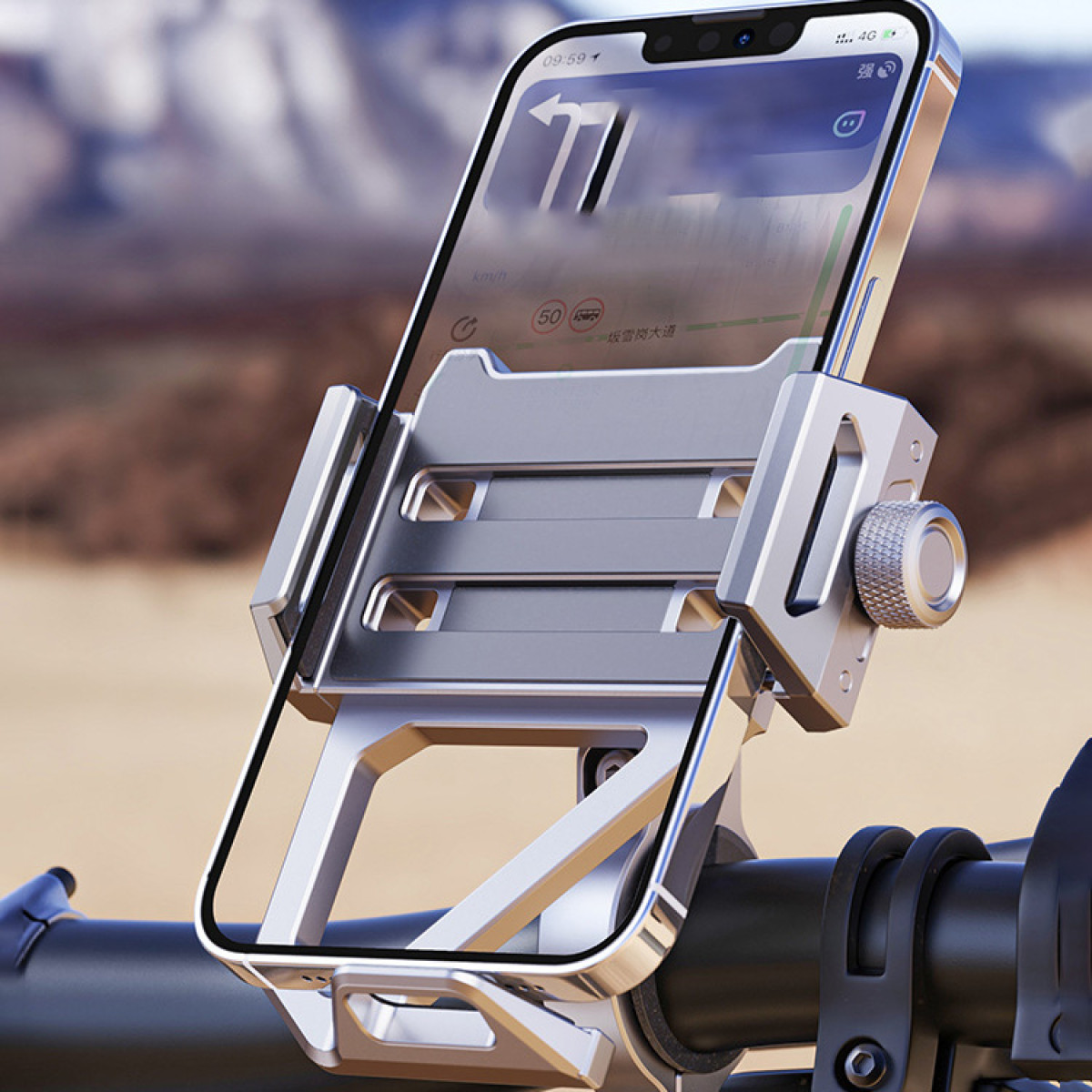 Telefon jest zamontowany na kierownicy roweru, pokazując aplikację nawigacyjną.