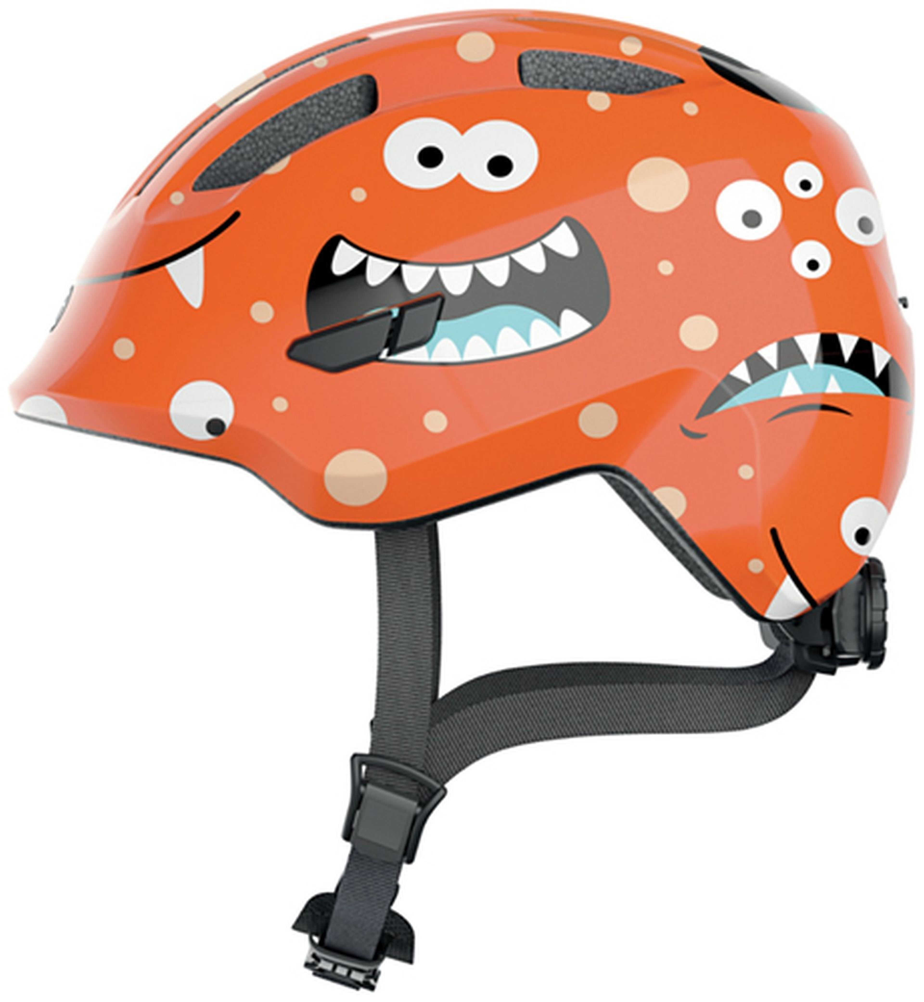 Oranger Helm mit Monstergesicht. Hat Riemen und eine Schnalle.