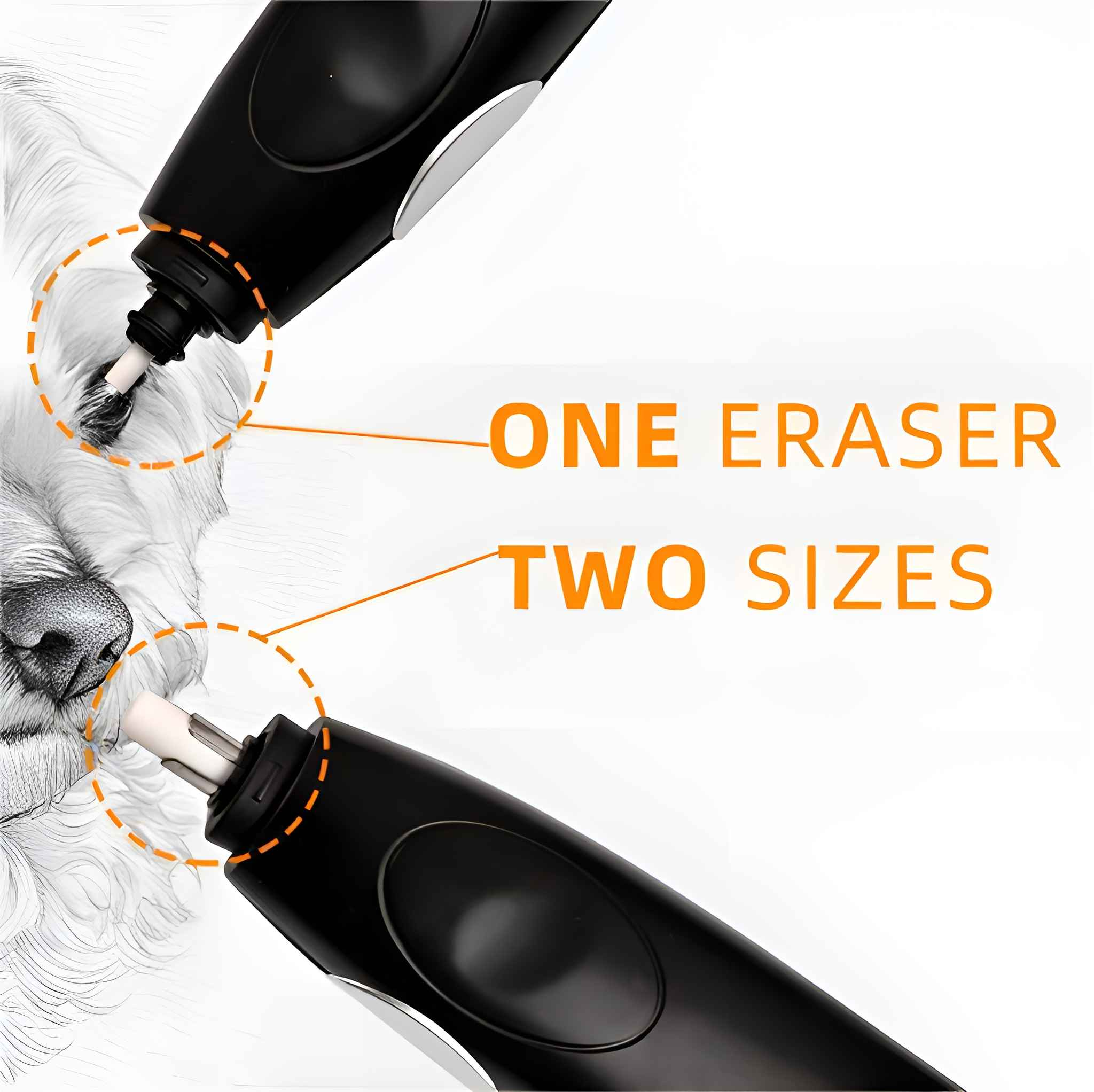 Zwei schwarze elektrische Radiergummis, eines mit fokussierter Spitze, Text: 'ONE ERASER TWO SIZES'.