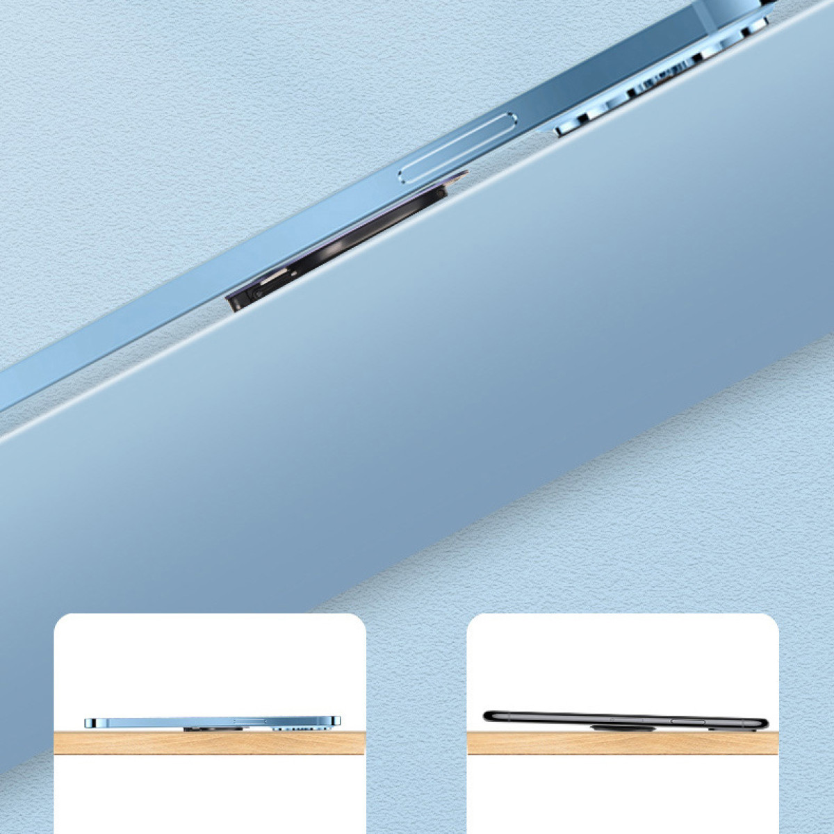 Zbliżenie telefonu leżącego na stole. Telefon wydaje się być niebieski.