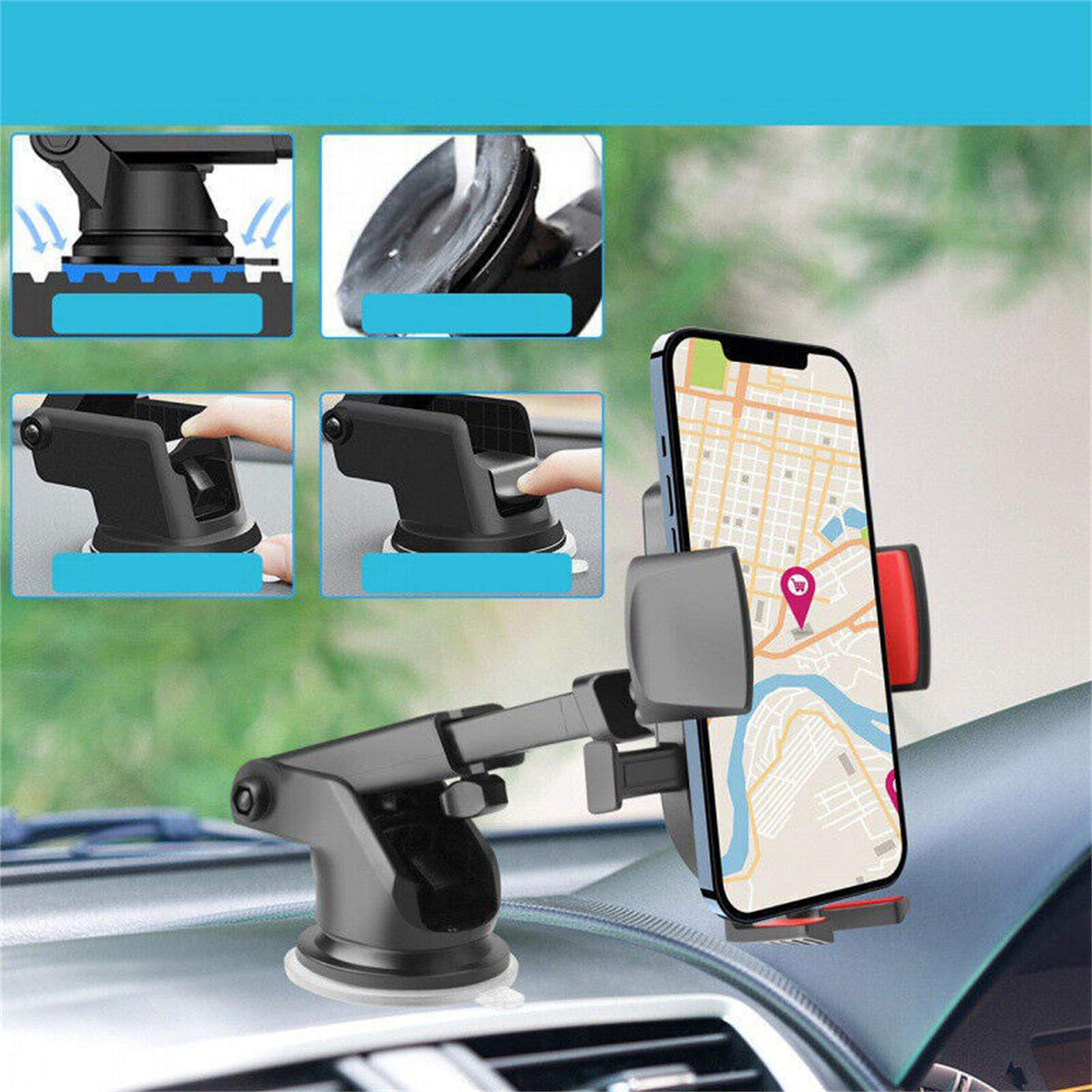 Ein Telefon wird von einem schwarzen Autotelefonhalter gehalten, mit einer Karte auf dem Telefonbildschirm.