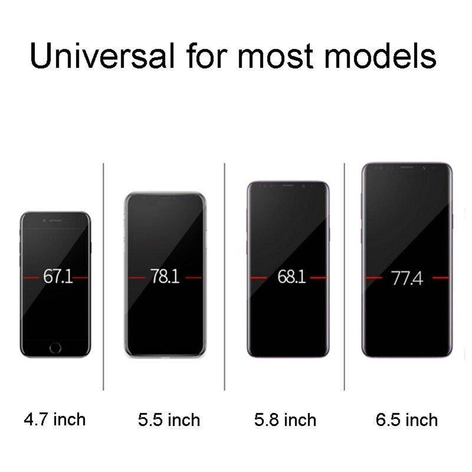 Vier Telefone in verschiedenen Größen, mit Messungen und dem Text 'Universal für die meisten Modelle'.