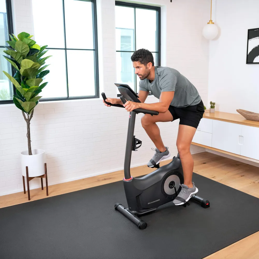 A man is riding a stationary bike. A large plant is on the left. The room has a window.
