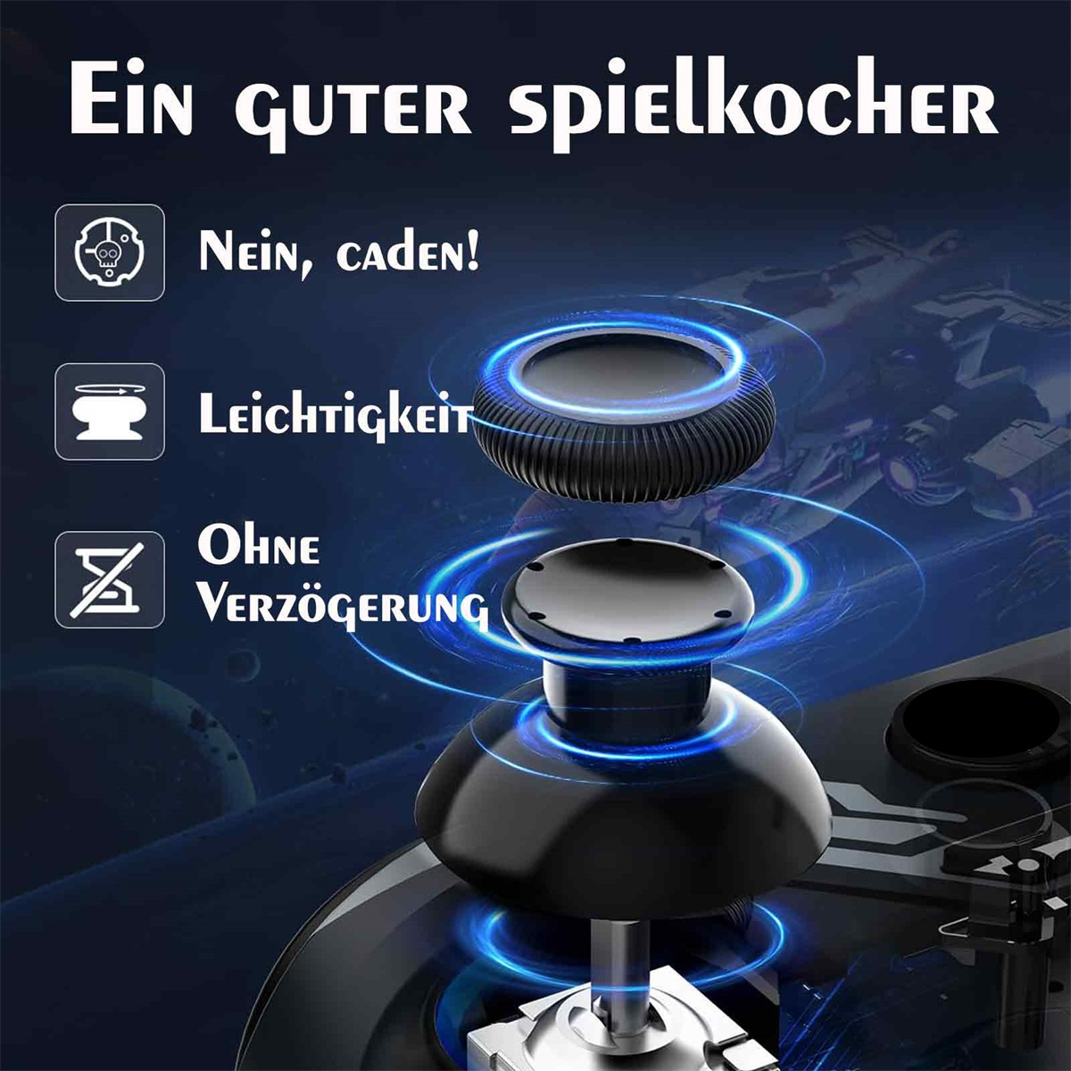 Das Bild zeigt einen Controller-Joystick. Es enthält Textelemente zu den Funktionen des Joysticks.
