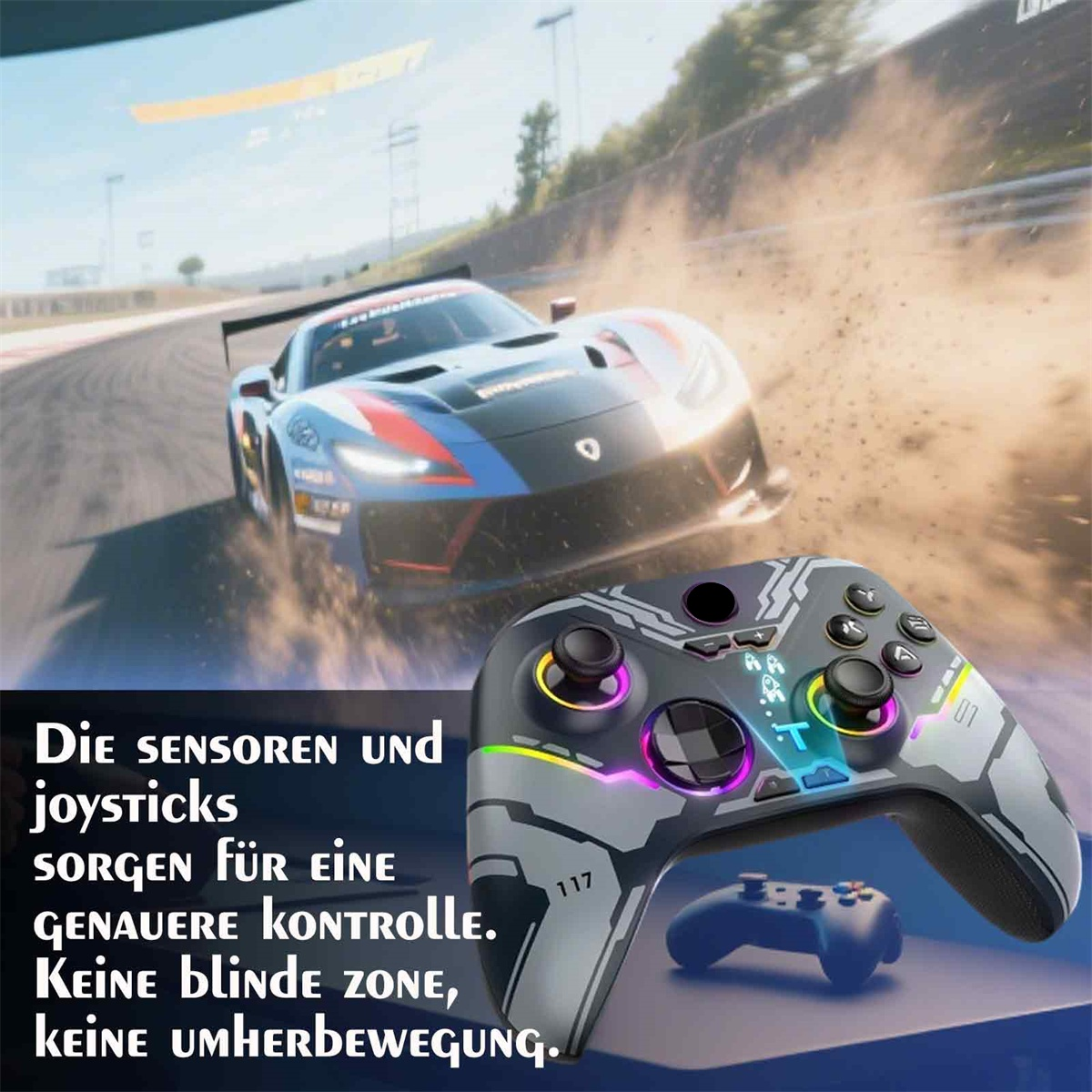 Ein Videospiel-Controller und ein Rennwagenbild werden gezeigt. Der Text auf Deutsch bezieht sich auf die Steuerung.
