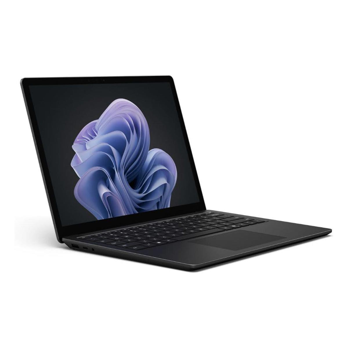 Bild eines schwarzen Laptops auf weißem Hintergrund. Der Bildschirm zeigt ein blaues abstraktes Bild.