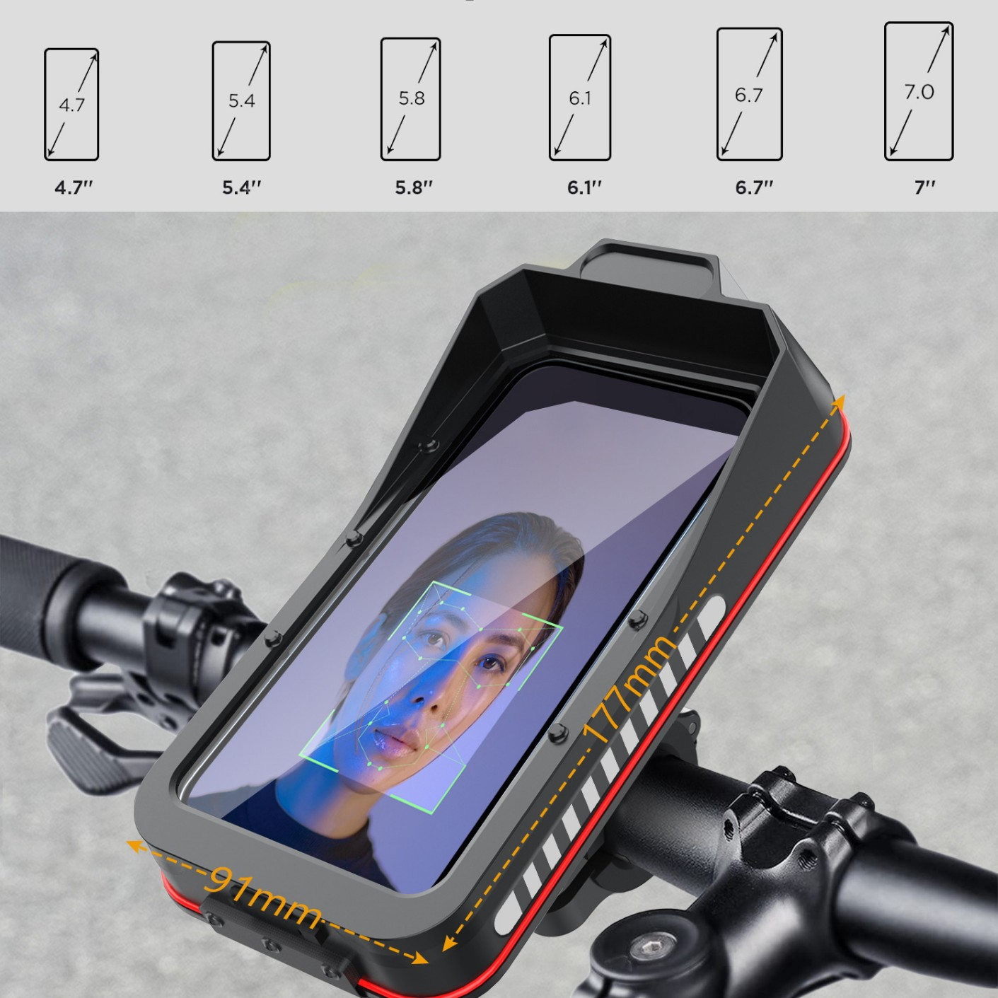 Uchwyt na telefon na kierownicy. Ekran wyświetla twarz. Różne rozmiary telefonów są pokazane powyżej.