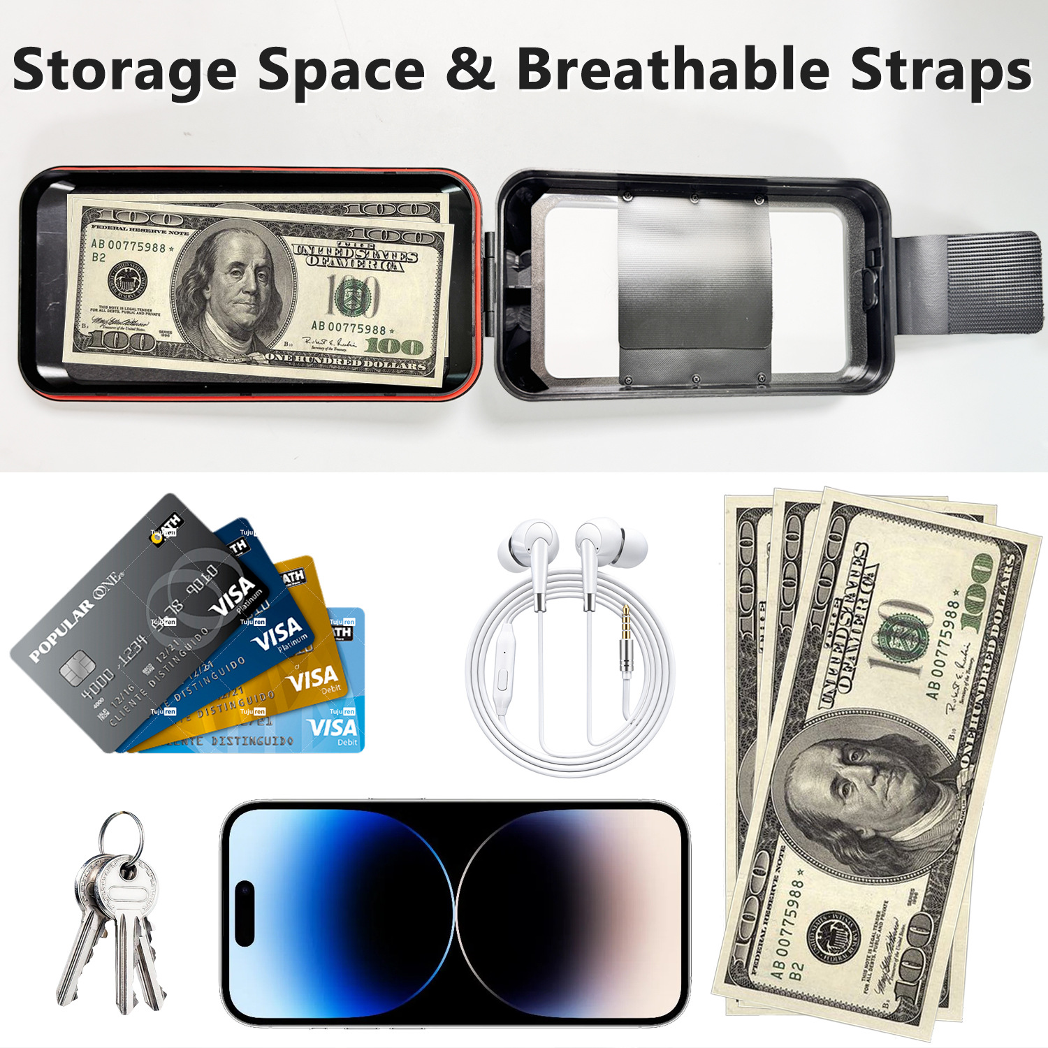 Otwarta czarna walizka z pieniędzmi, kartami i słuchawkami. Widoczny również telefon i klucze.