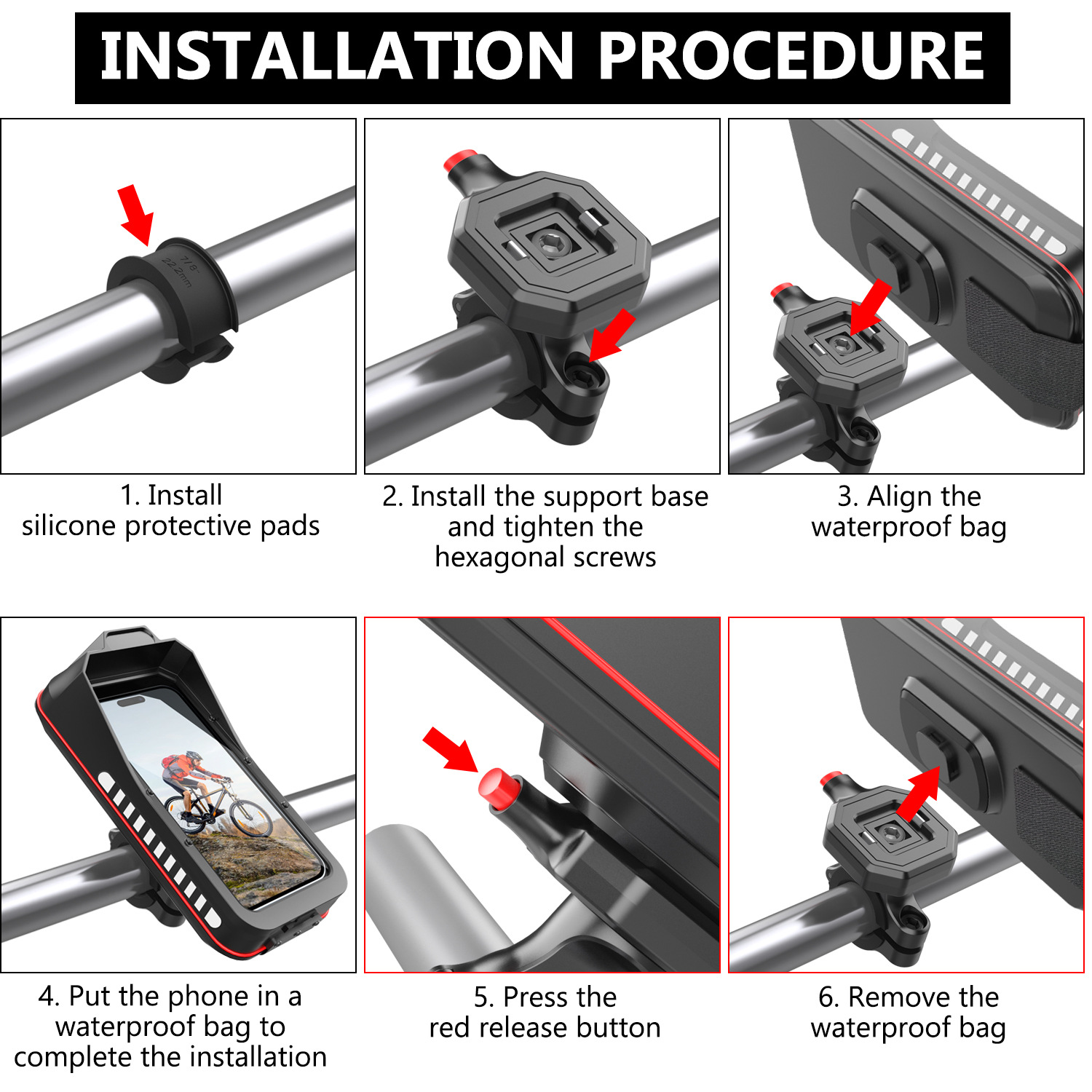 Kroki instalacji uchwytu na telefon. 1. Zainstaluj podkładki. 2. Zainstaluj podstawę. 3. Wyrównaj torbę. 4. Włóż telefon. 5. Naciśnij przycisk. 6. Usuń.