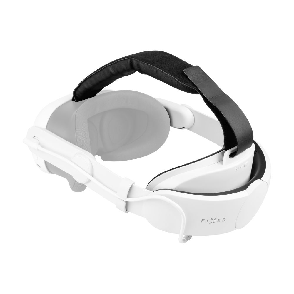 Un visore VR bianco con cinturino e imbottitura neri. Il marchio FIXED è visibile sul lato.