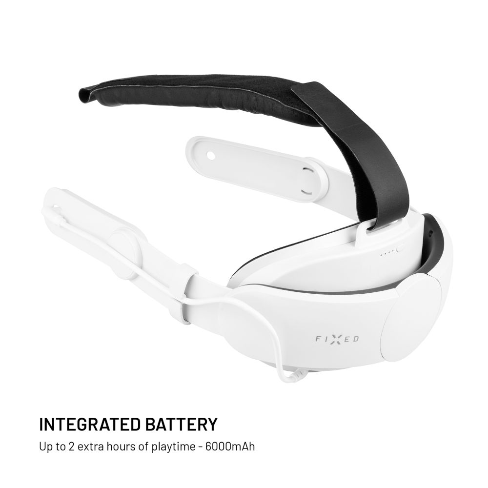 Cuffie VR bianche con imbottitura nera e pacco batteria integrato, mostrate su uno sfondo bianco.