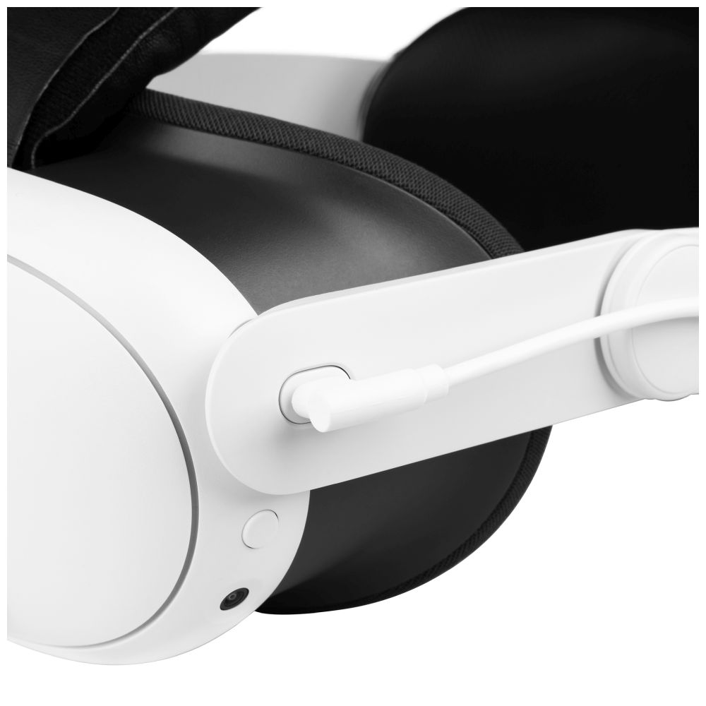 Un primo piano di un visore VR bianco con un cavo e un cinturino nero. Il marchio FIXED è visibile.