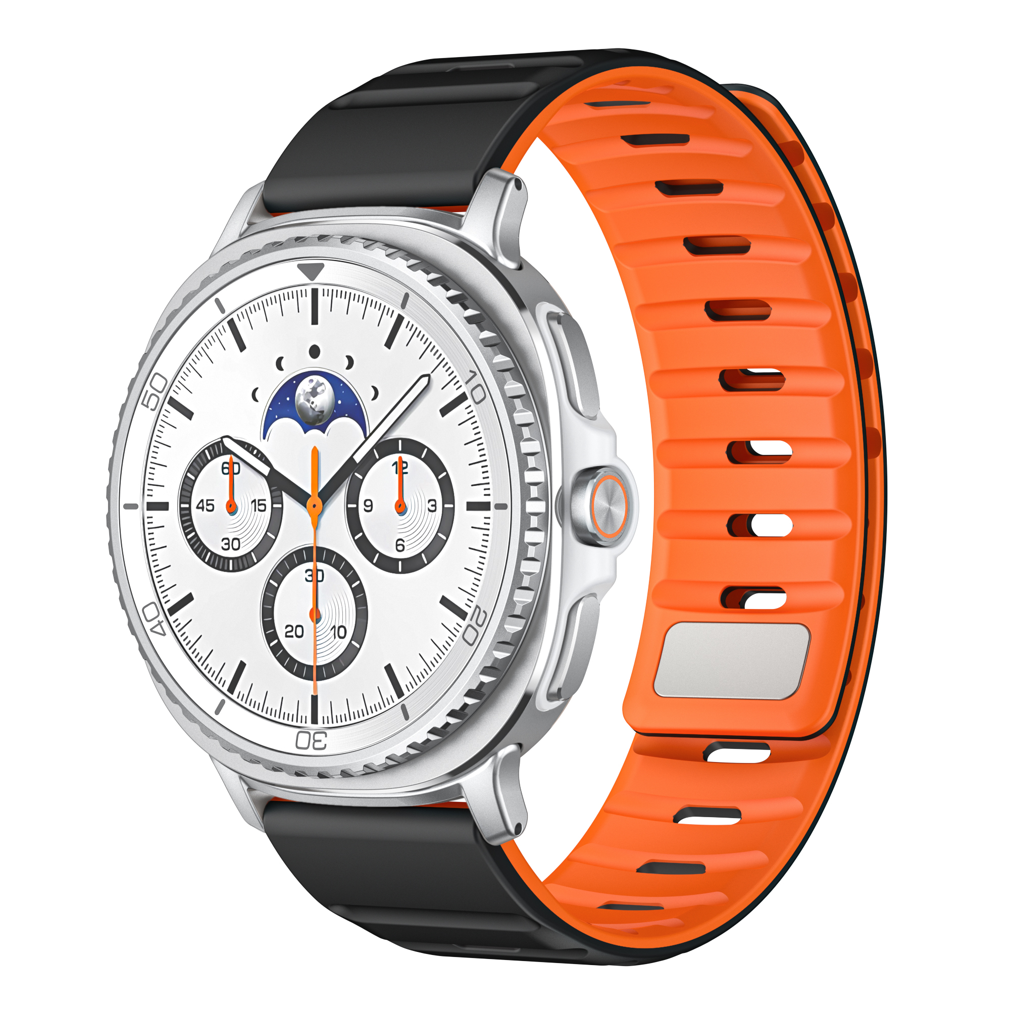 Smartwatch mit weißem Zifferblatt, orangefarbenem und schwarzem Band.
