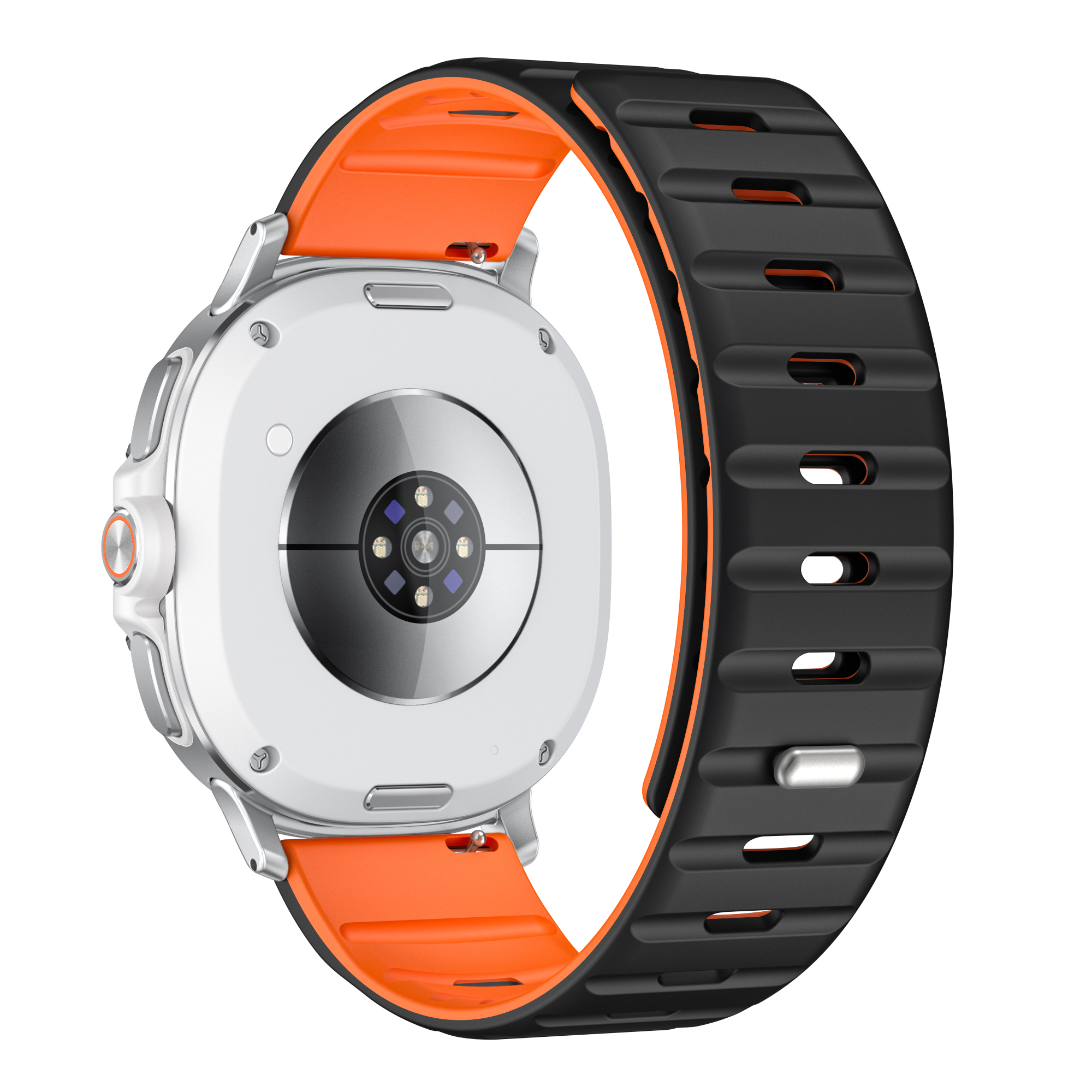 Rückansicht einer Smartwatch mit schwarzem und orangefarbenem Armband.