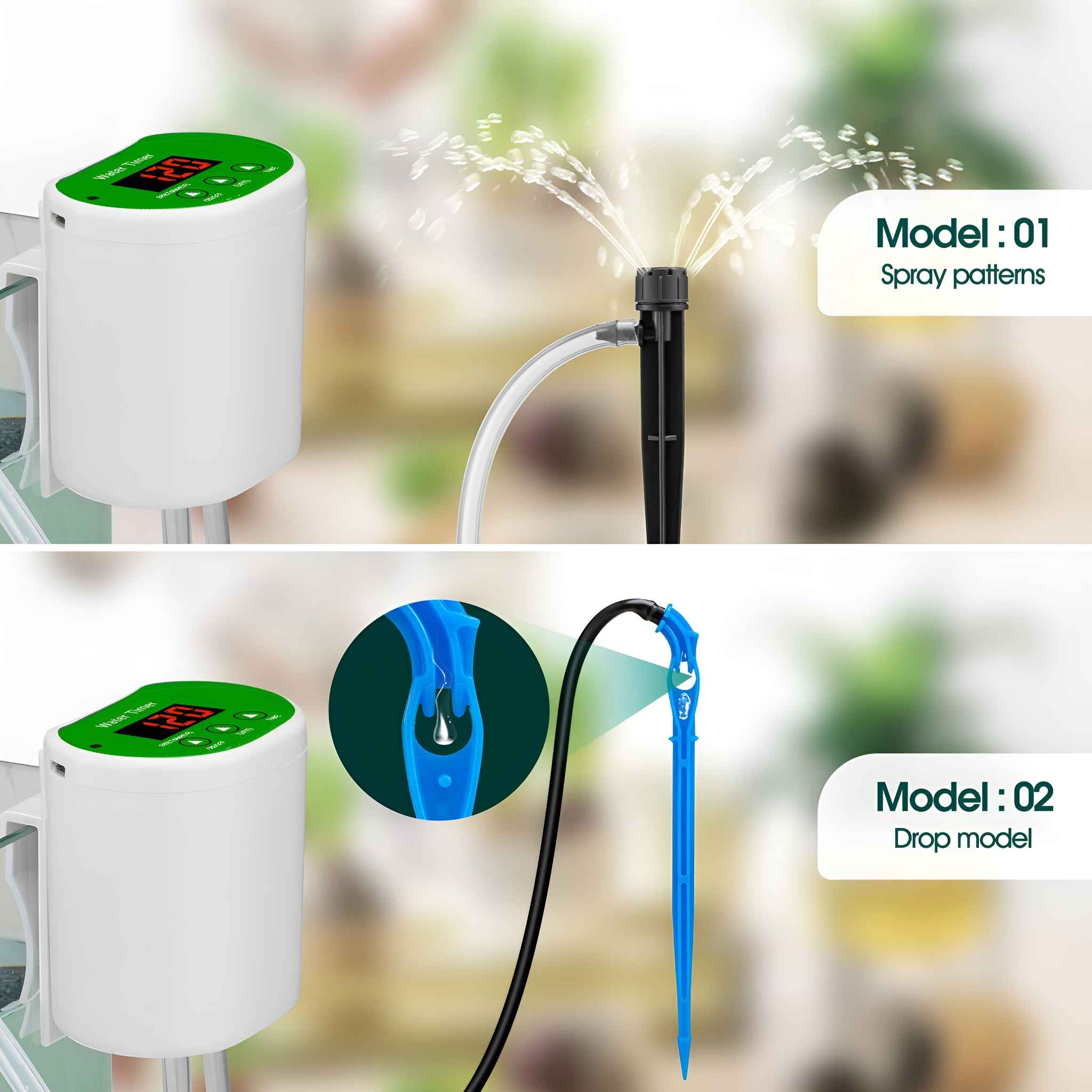 Zwei Wasser-Timer mit grünen Displays und Bewässerungsdüsen, die Sprüh- und Tropfmodelle zeigen.
