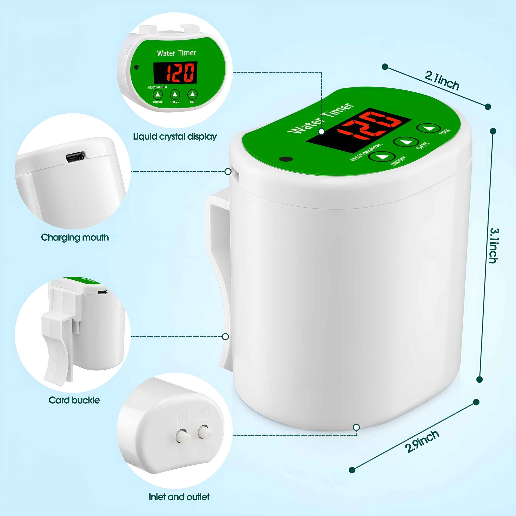 Weißer Wasser-Timer mit grünem Oberteil, Display, Ladeanschluss und Abmessungen in Zoll.