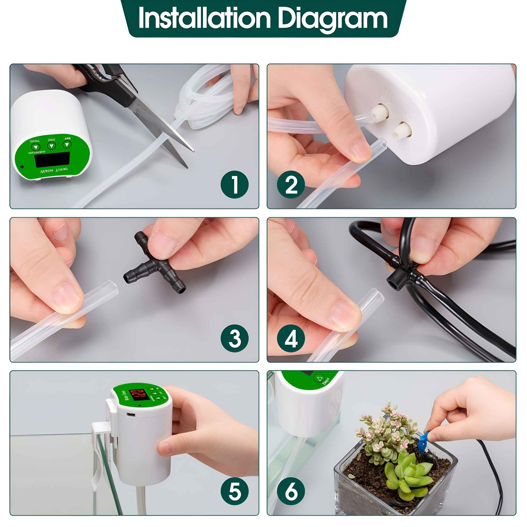 Diagramm, das die Installationsschritte eines kleinen Pflanzenbewässerungsgeräts veranschaulicht.