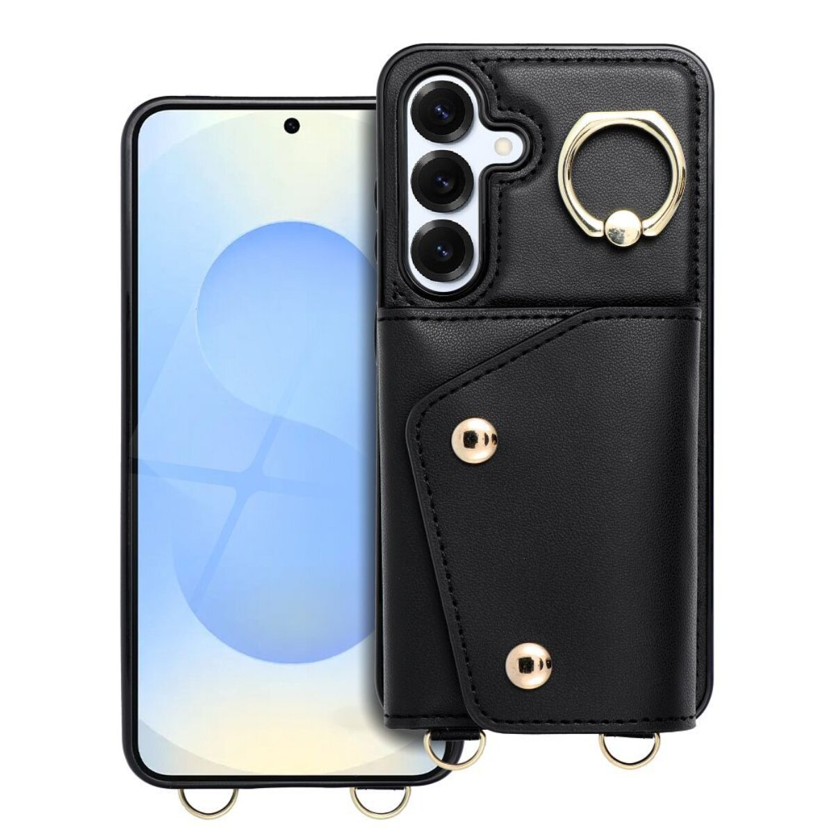 Ein schwarzes Telefon mit schwarzer Hülle, mit einem goldenen Ring und Kartenhalter.