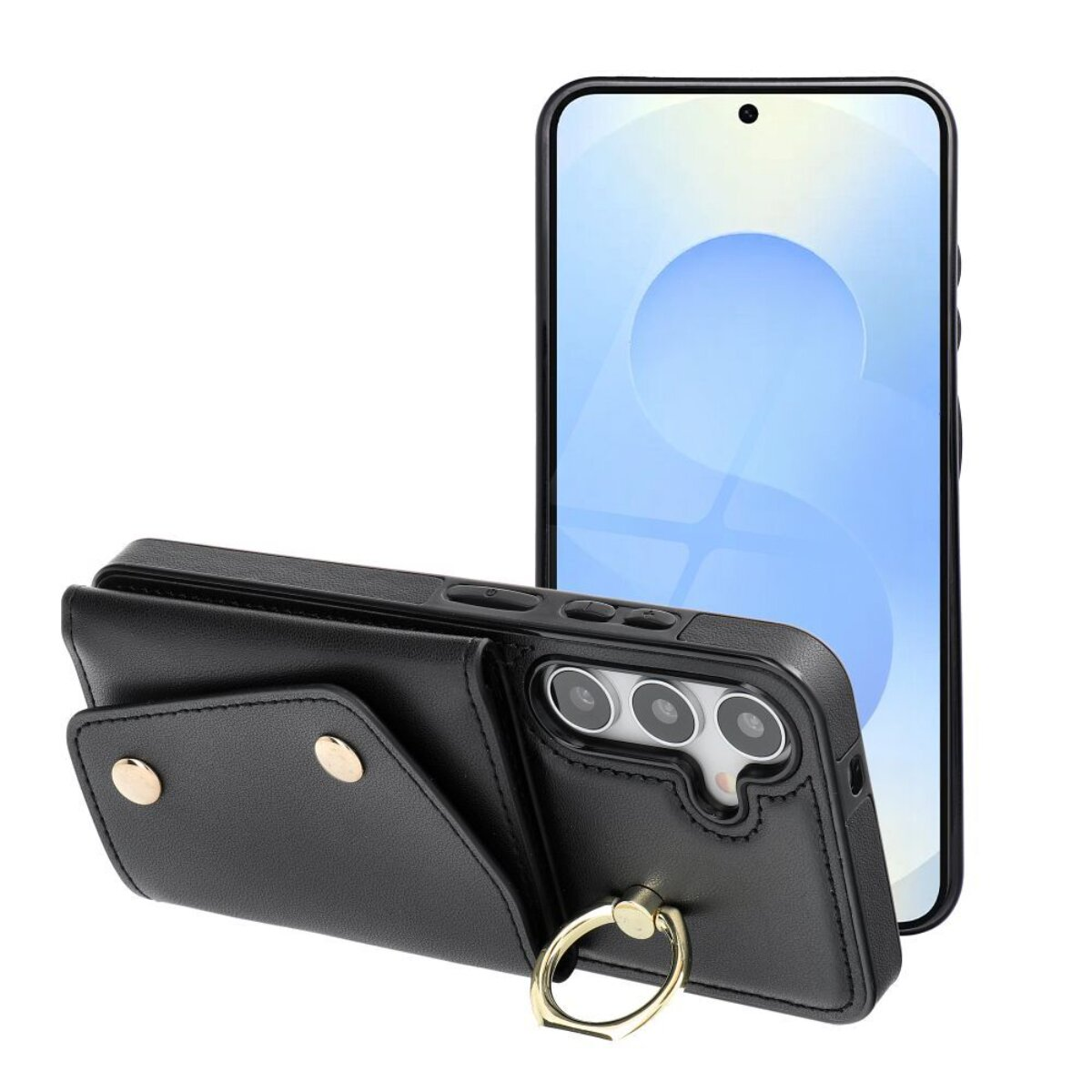 Schwarze Handyhülle mit Kartenhalter und Ring. Ein Telefon steht neben der Hülle.