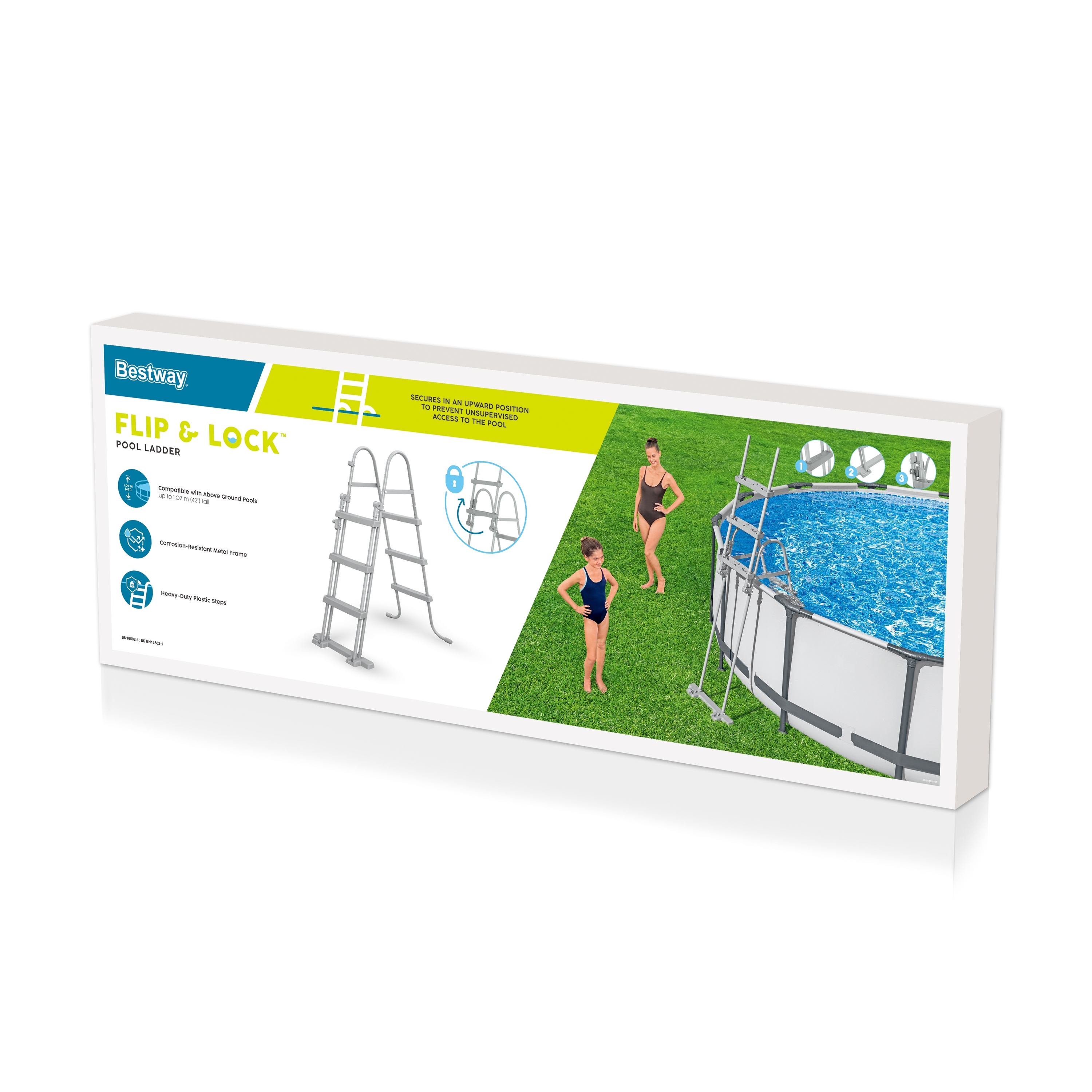 Una caja de escalera de piscina Bestway con una imagen de una piscina y personas usando la escalera.