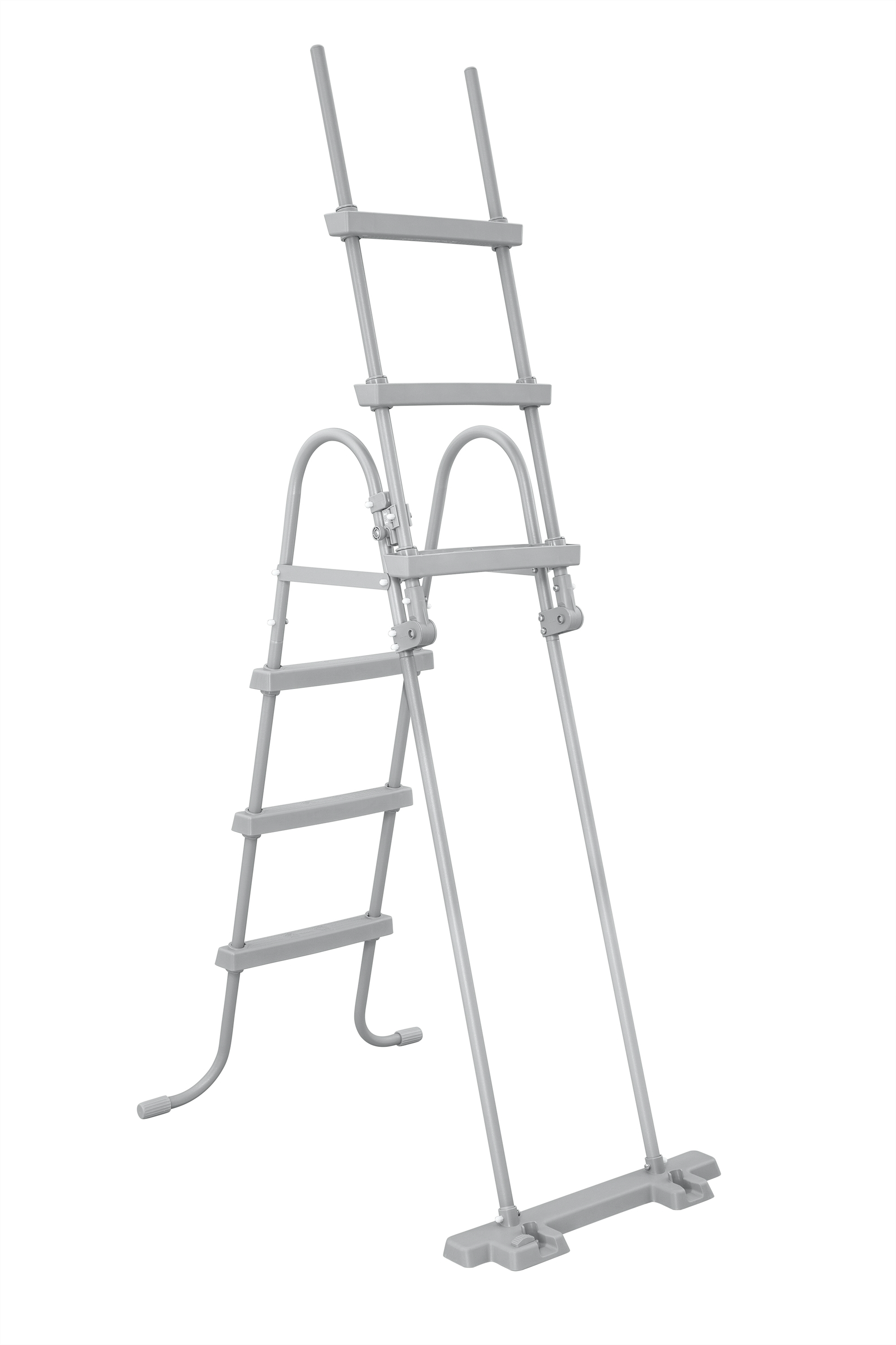 Estructura de escalera metálica gris con fondo blanco.