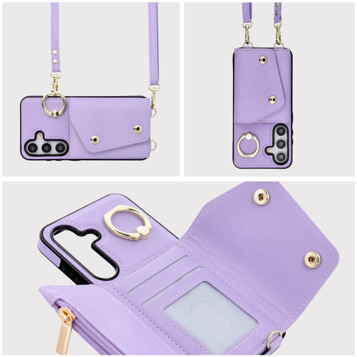 Eine Handyhülle mit Kartenhalter, Ringständer und angrenzendem Telefon. Drei Ansichten. Hülle und Schlüsselband sind hellviolett.
