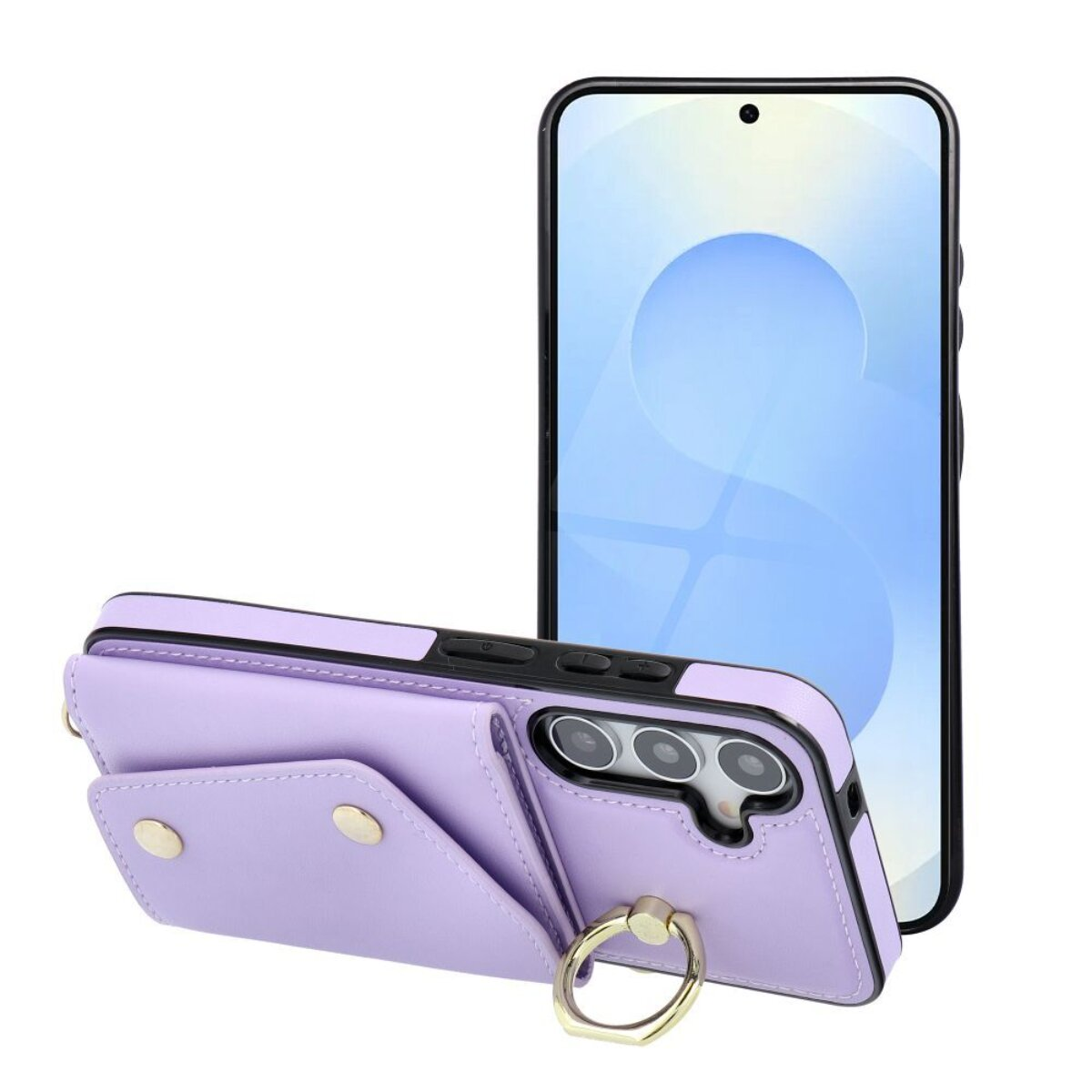 Eine lavendelfarbene Handyhülle mit Kartenhalter und Ringständer befindet sich neben einem Telefon.