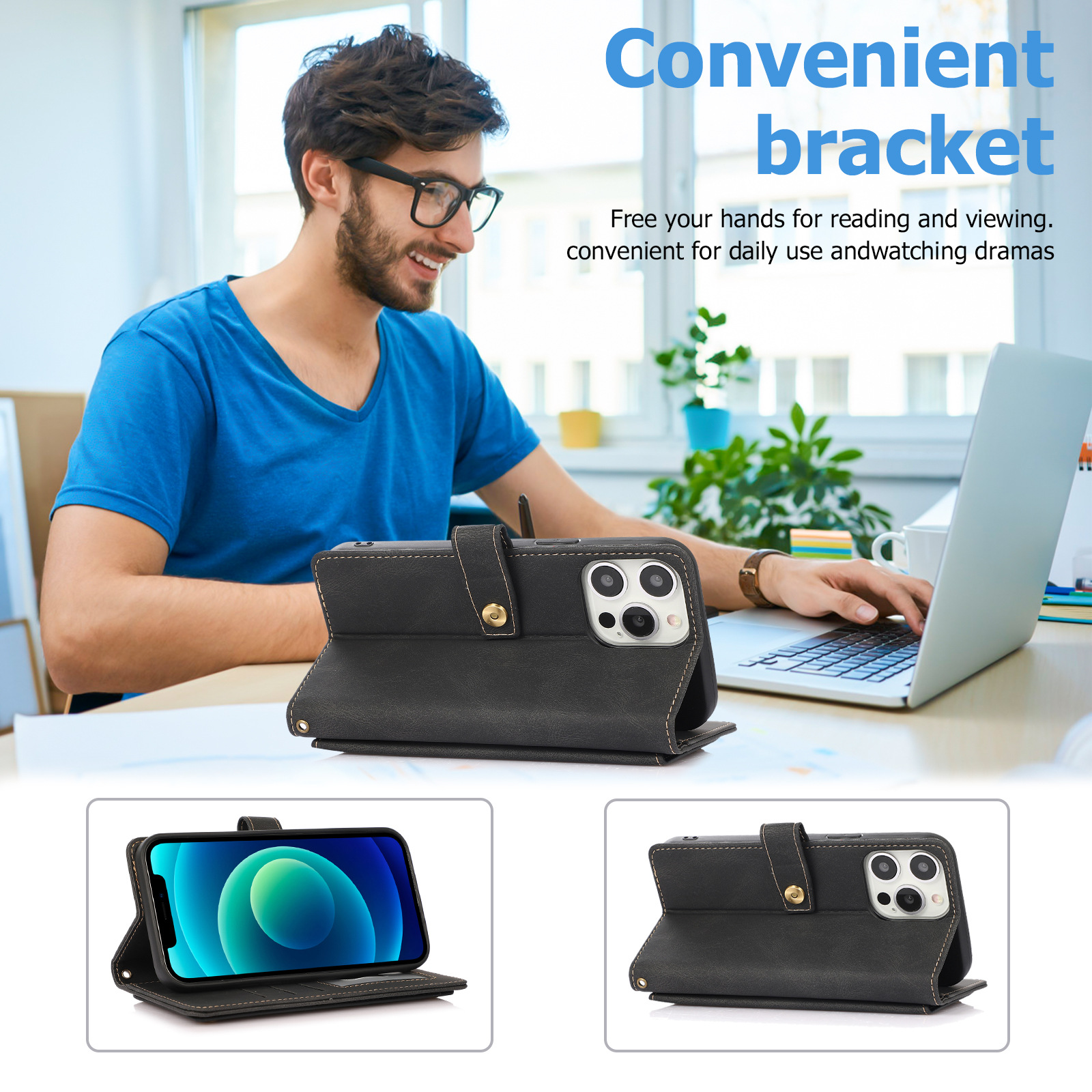 Un uomo usa un laptop con una custodia nera come supporto.