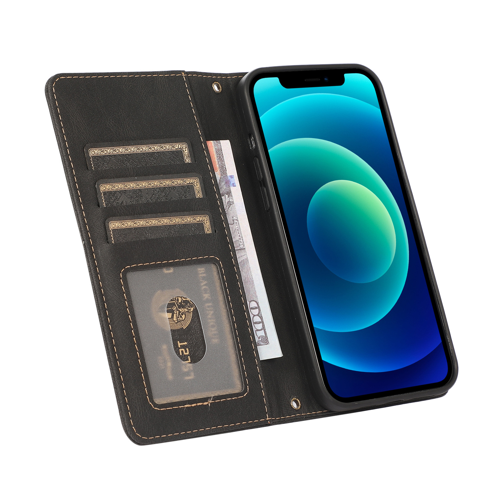 Custodia per telefono nera, stile portafoglio, con telefono, denaro e carte all'interno. La custodia è aperta.
