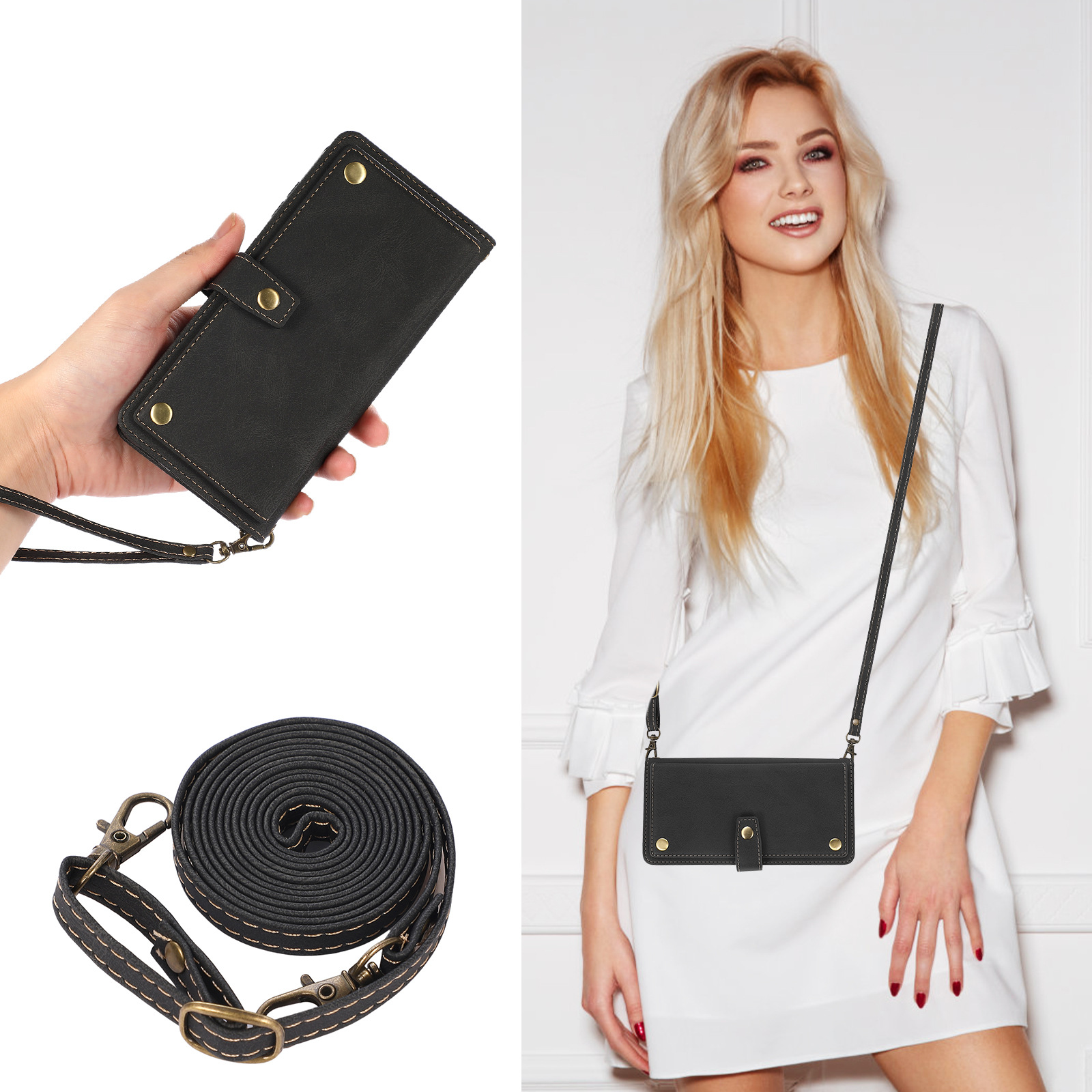 Una donna con i capelli biondi tiene in mano una custodia per telefono nera con un cinturino. Vengono mostrati anche un cinturino e un cinturino arrotolato.