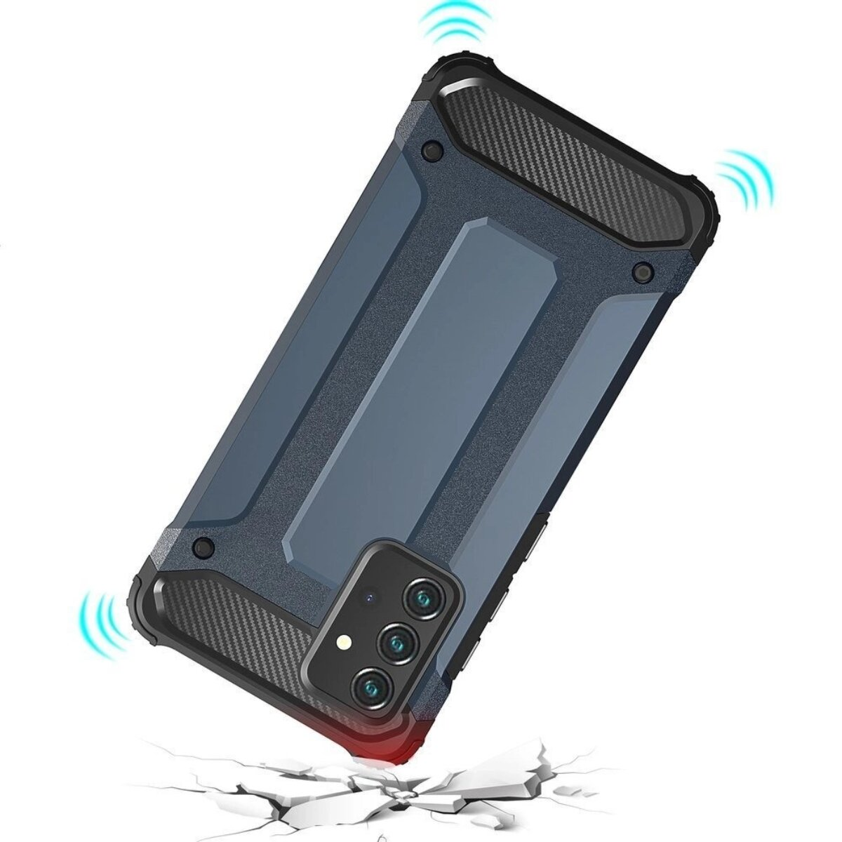 Eine blaue Handyhülle mit Dreifachkamera, auf weißer Oberfläche, mit Grafiken für Stoßeffekte.