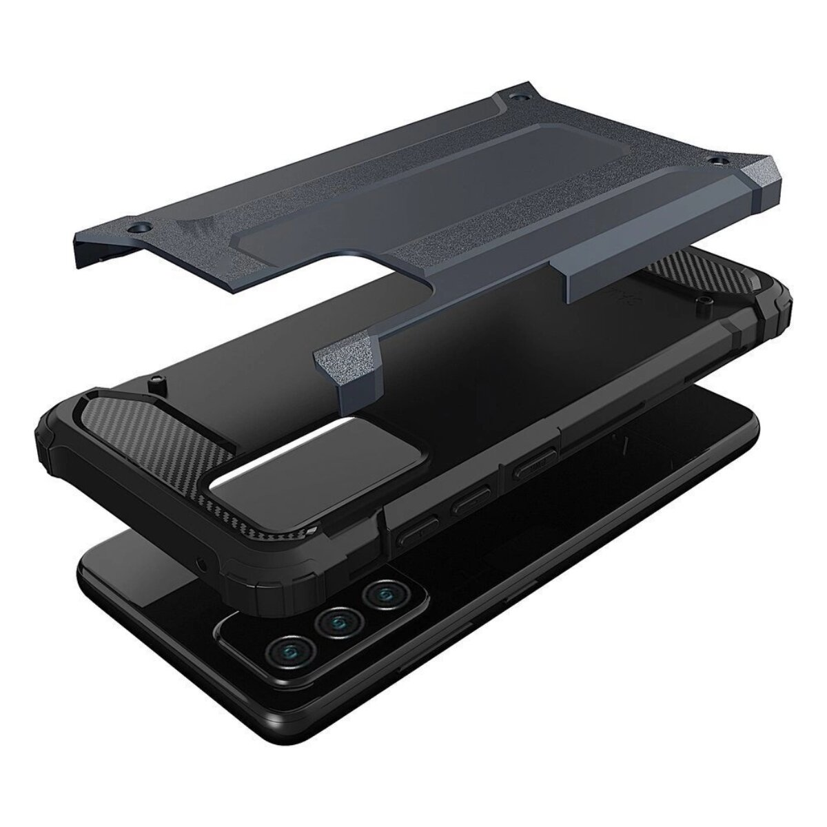 Ein auseinandergebautes Telefon, schwarze Handyhüllen-Schichten. Der Telefonbildschirm ist unten sichtbar.