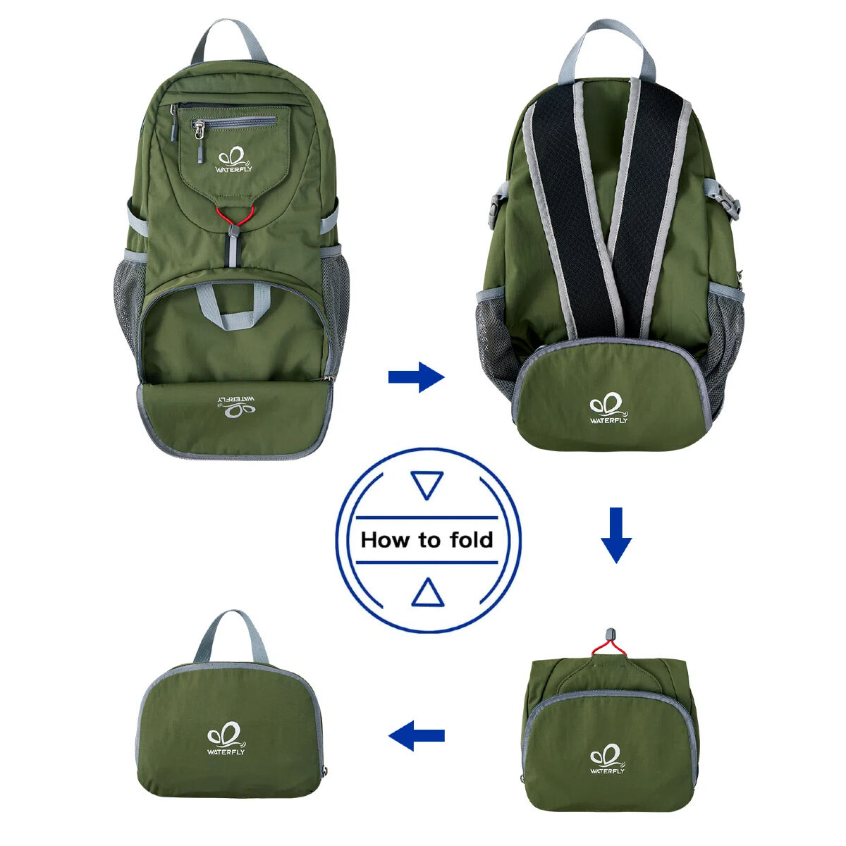 Una mochila que se pliega, mostrando las etapas. La mochila verde se pliega en una pequeña bolsa.