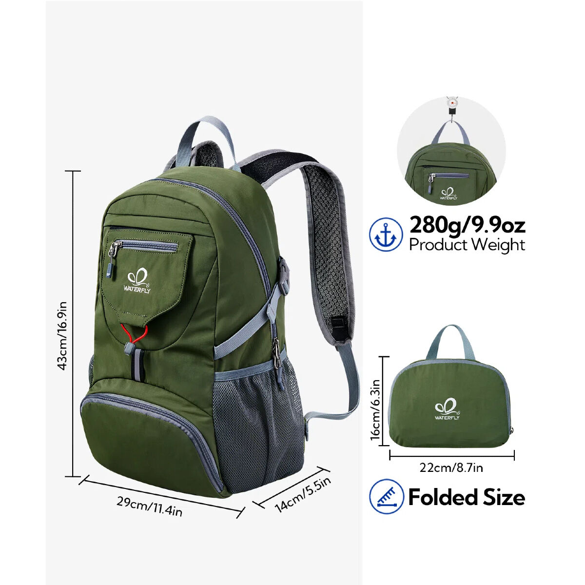 Una mochila verde Waterfly con dimensiones y detalles de tamaño plegado. Se muestra una versión pequeña, plegada.