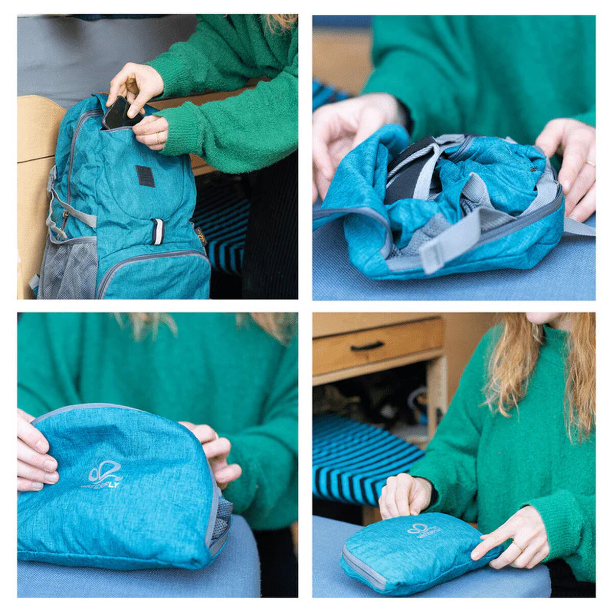 Persona in verde, zaino blu, imballaggio. Borsa blu piegata. Maglione verde e zaino.