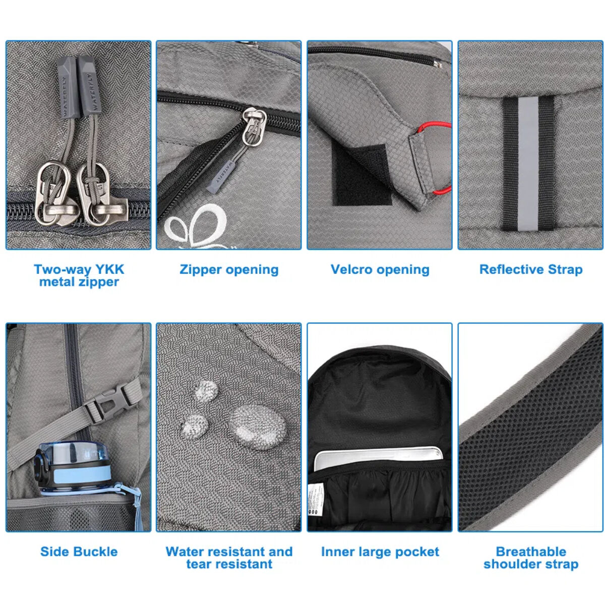 Nahaufnahme eines grauen Rucksacks mit Details: Reißverschlüsse, Klettverschluss, Reflexstreifen, Schnalle.