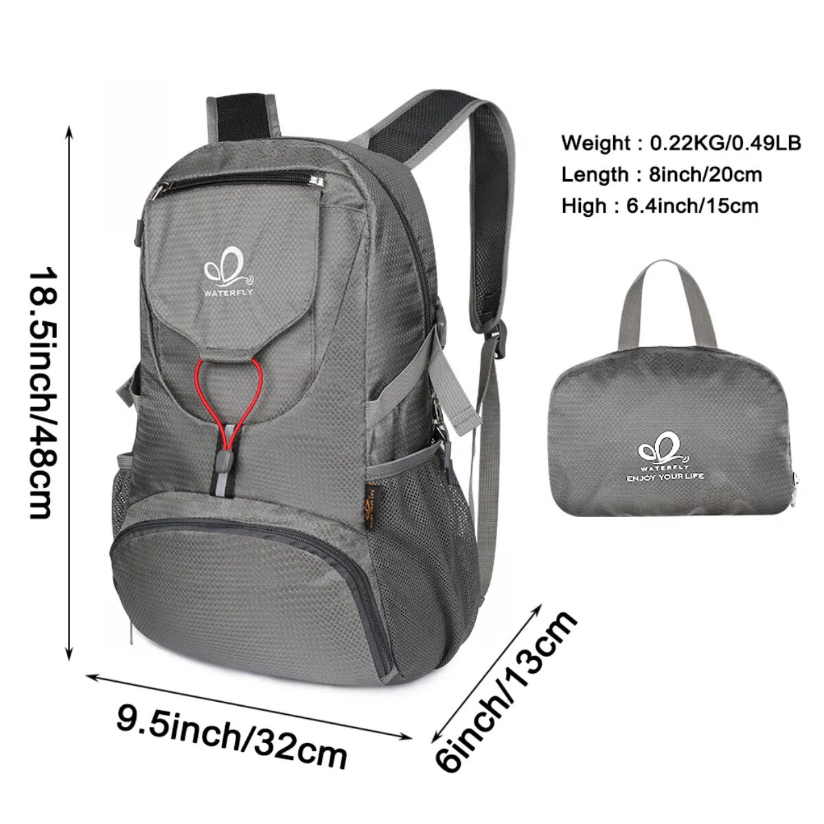 Grauer Rucksack mit Maßen: 18,5 Zoll x 9,5 Zoll x 6 Zoll. Eine kleinere gefaltete Version wird gezeigt.