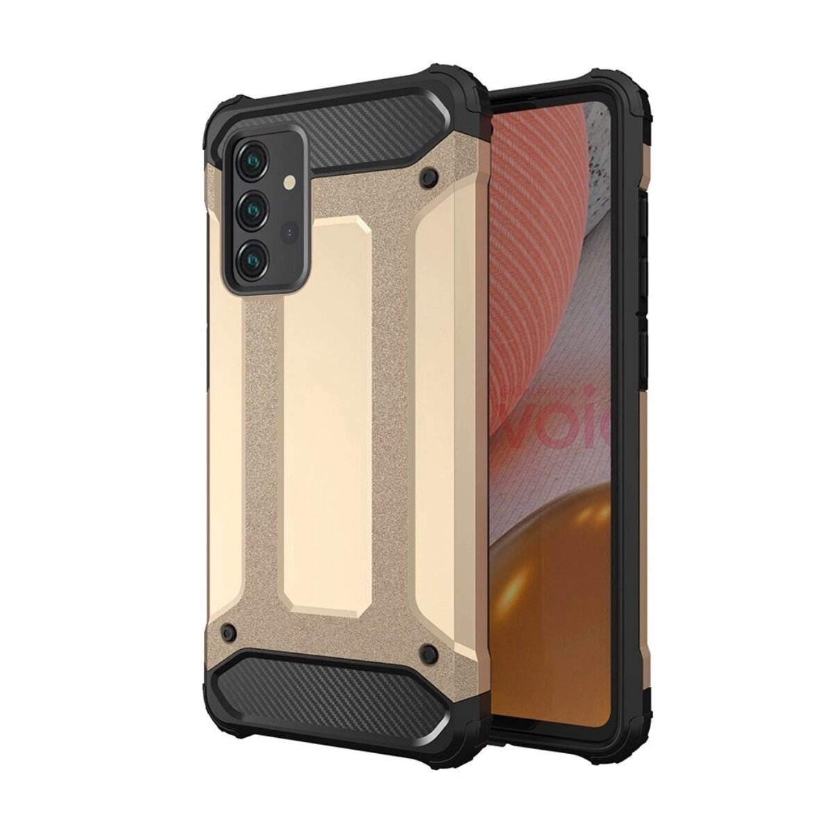 Eine goldene und schwarze Handyhülle mit Kamera- und Blitzdesign. Ein Telefon befindet sich im Inneren.
