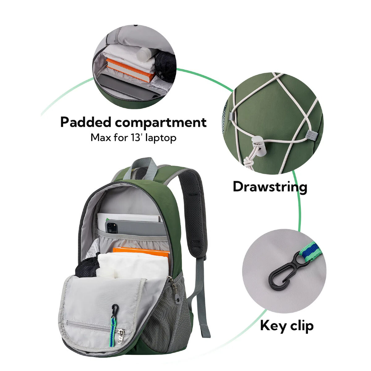 Zaino con tasche aperte, clip per chiavi e coulisse. Lo zaino è verde.
