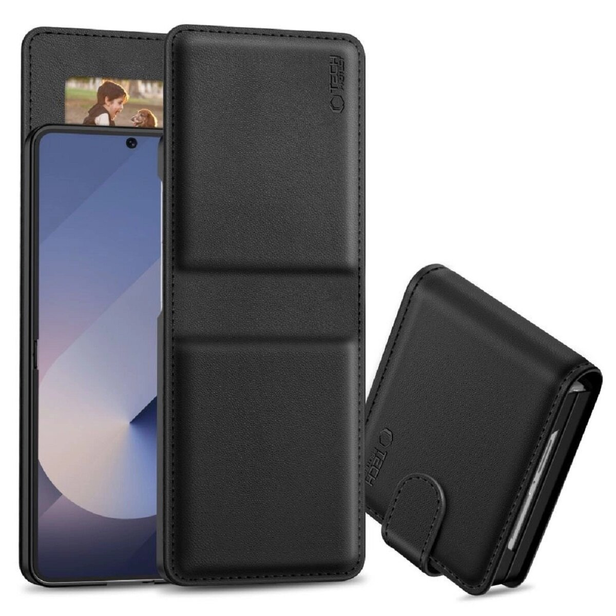 Schwarze Handyhülle mit Telefon und Foto, mit einer Brieftasche rechts.
