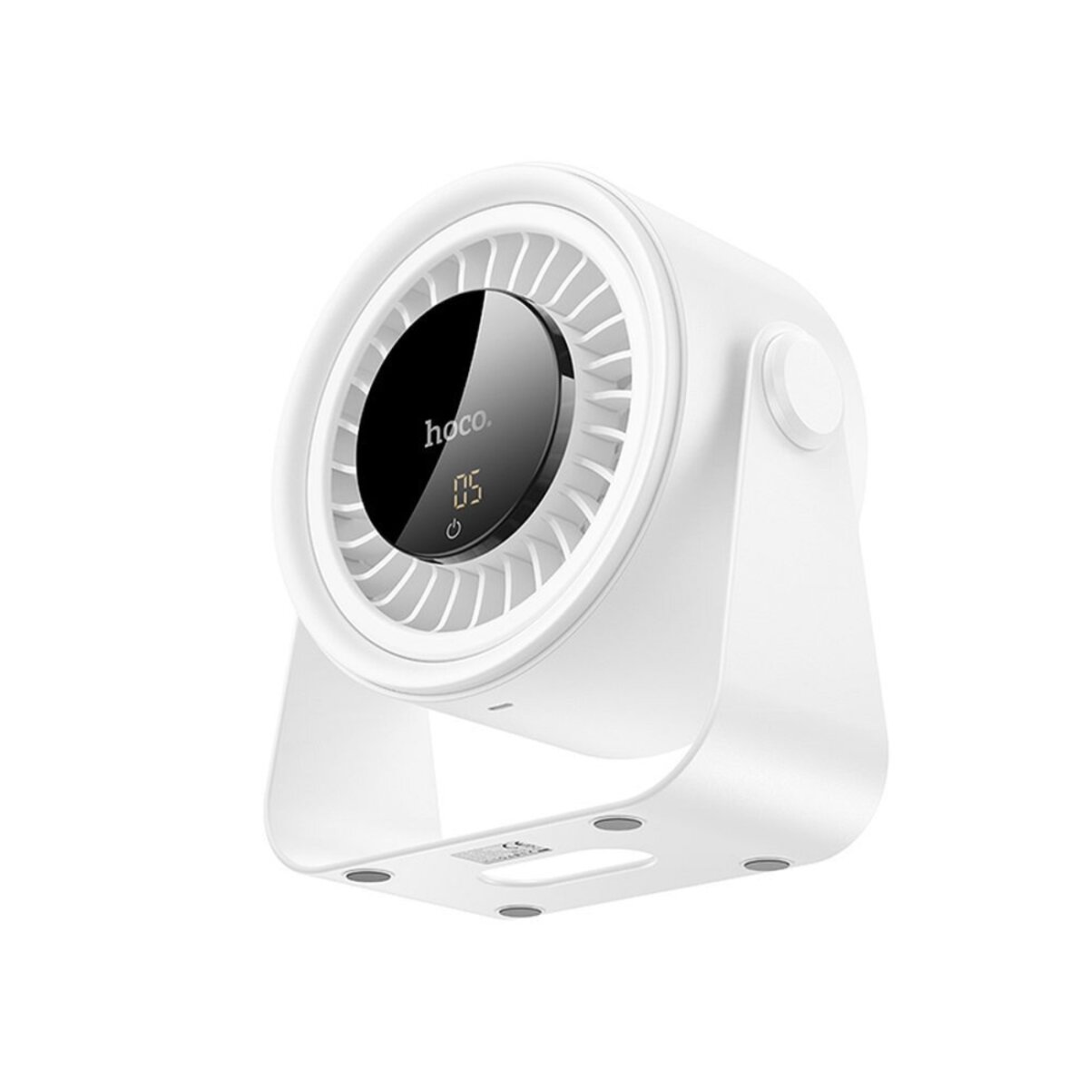 Un ventilador blanco con una pantalla circular negra. Tiene un botón de encendido y un diseño circular pequeño.