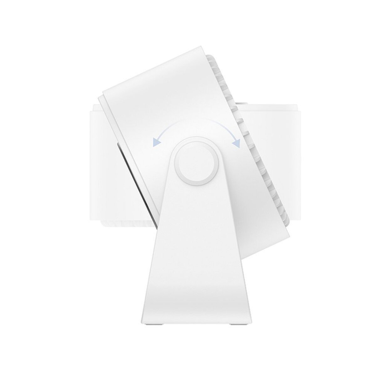 Un dispositivo blanco con diseño de ventilador. Flechas indican la dirección de ajuste. Está sobre una superficie blanca.