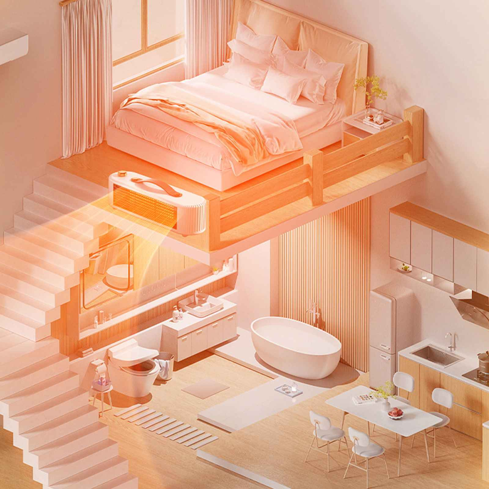 Eine isometrische Ansicht einer mehrstöckigen Wohnung in Pastellpfirsichtönen.