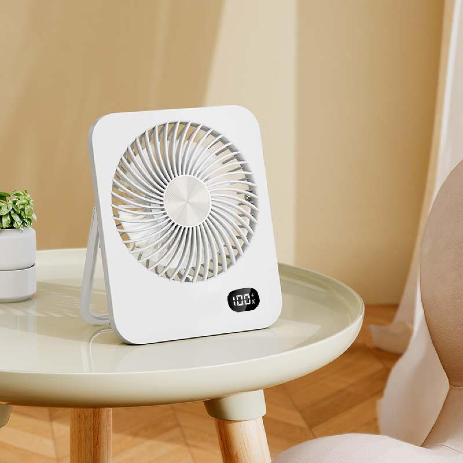 Ein kleiner weißer Ventilator auf einem hellgrünen Tisch.