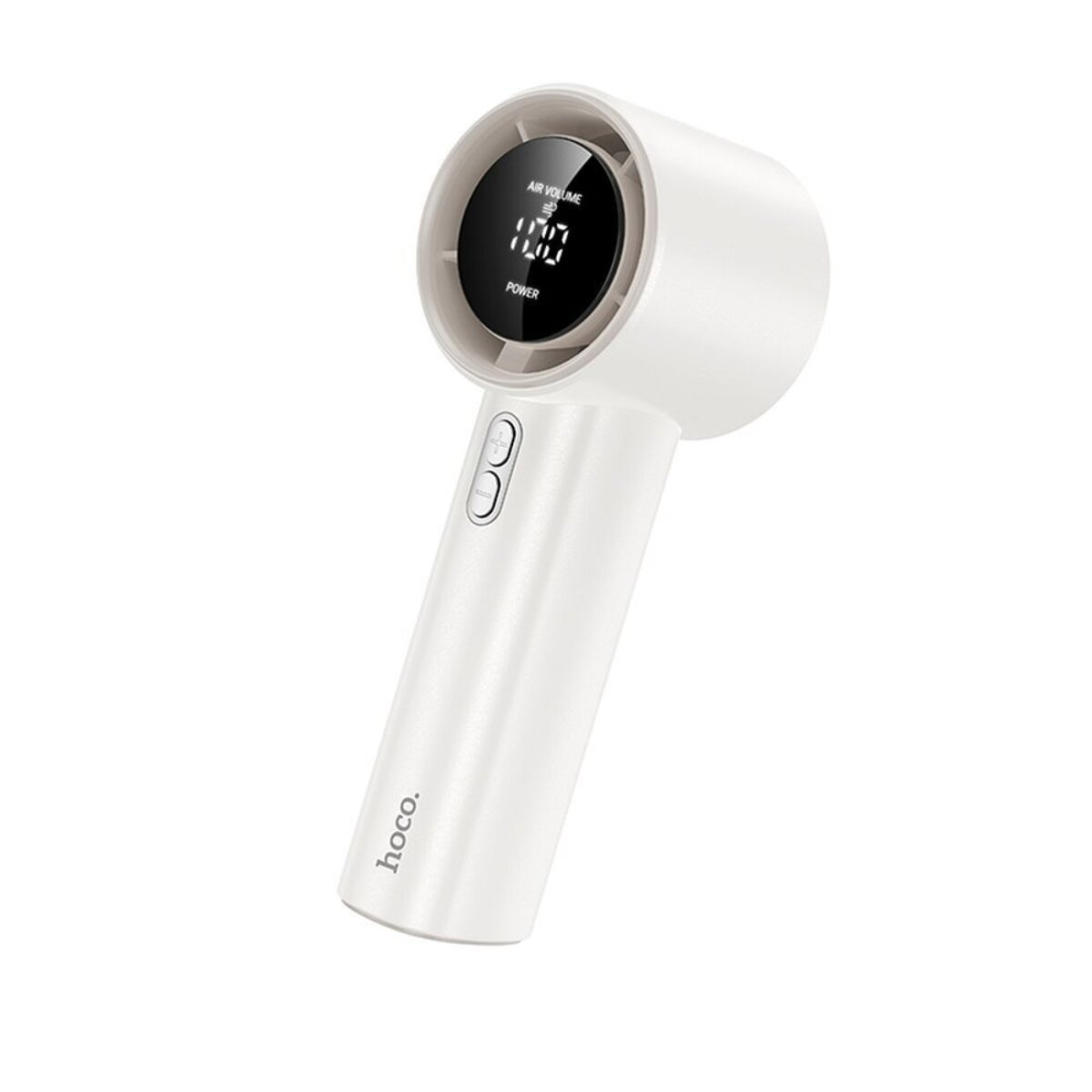 Un ventilatore portatile bianco con display digitale e due pulsanti sull'impugnatura.