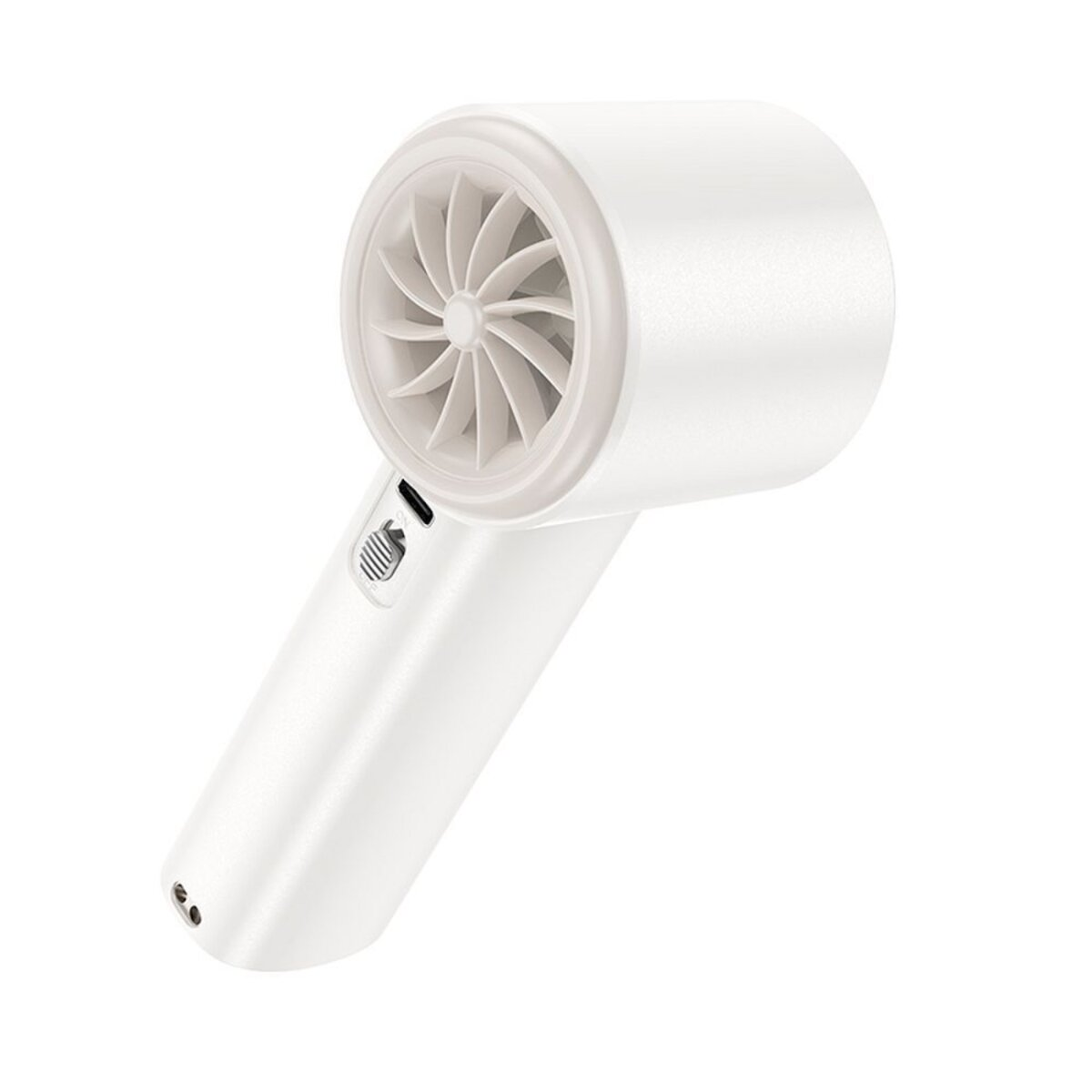 Un asciugacapelli bianco portatile con manico e design a ventola.