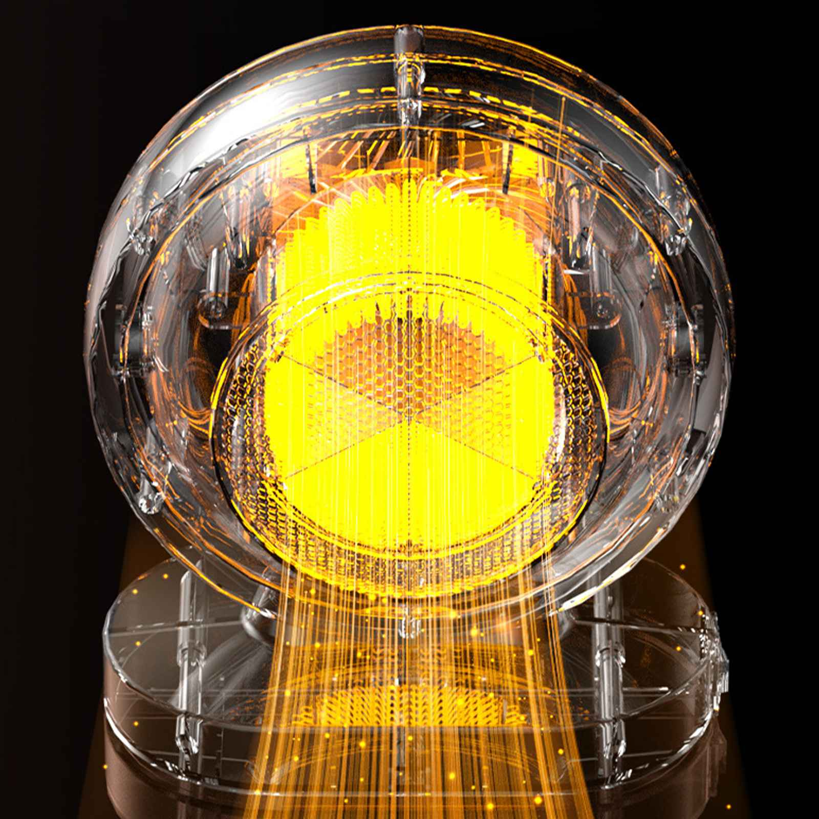 Nahaufnahme des Inneren eines Heizgeräts mit hellem gelbem Licht. Die Lichtstrahlen scheinen durch.